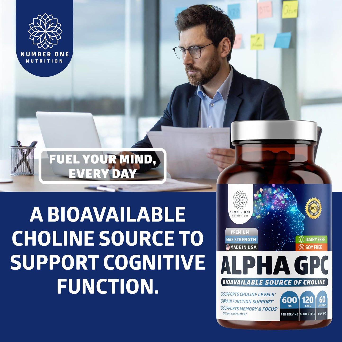 Number One Nutrition Premium Alpha GPC Choline Capsules 600mg, 120 Veg Caps