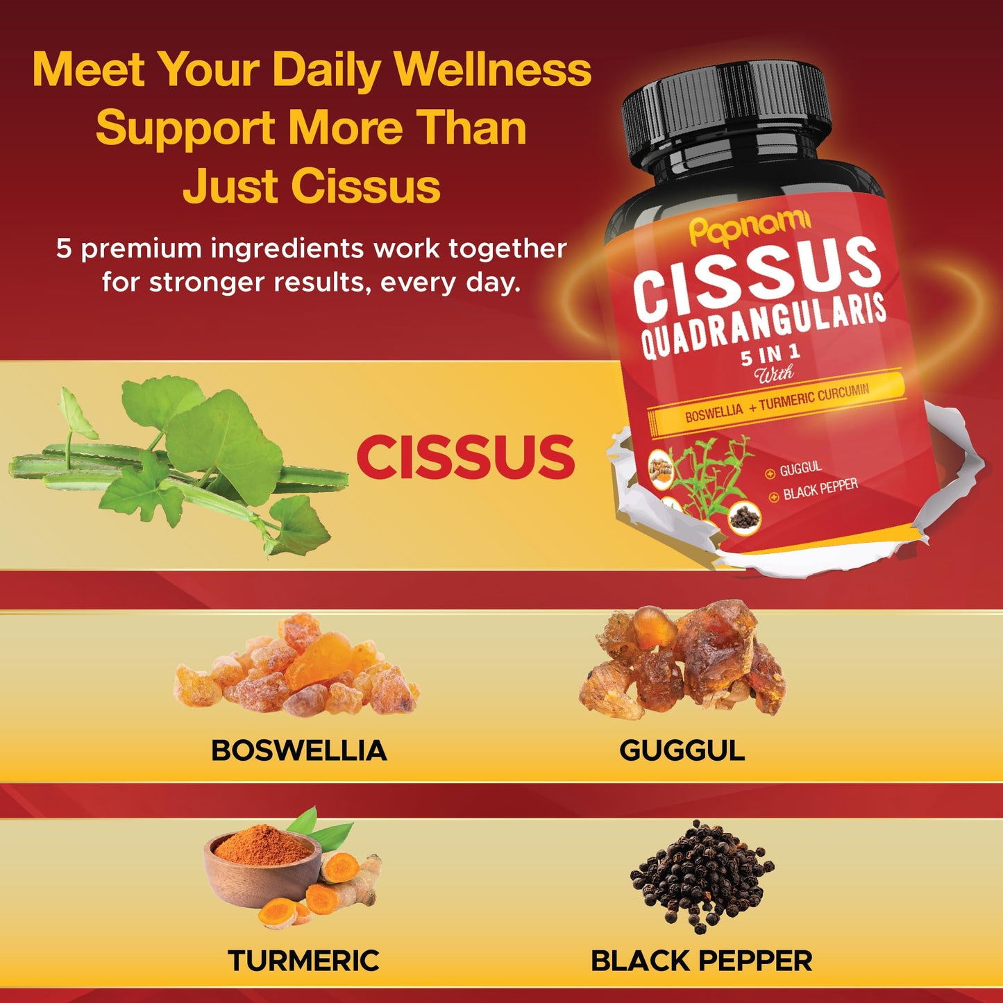 Papnami Cissus Quadrangularis Capsules with Boswellia, Guggul, Turmeric, Black Pepper Extract, 150 Capsules