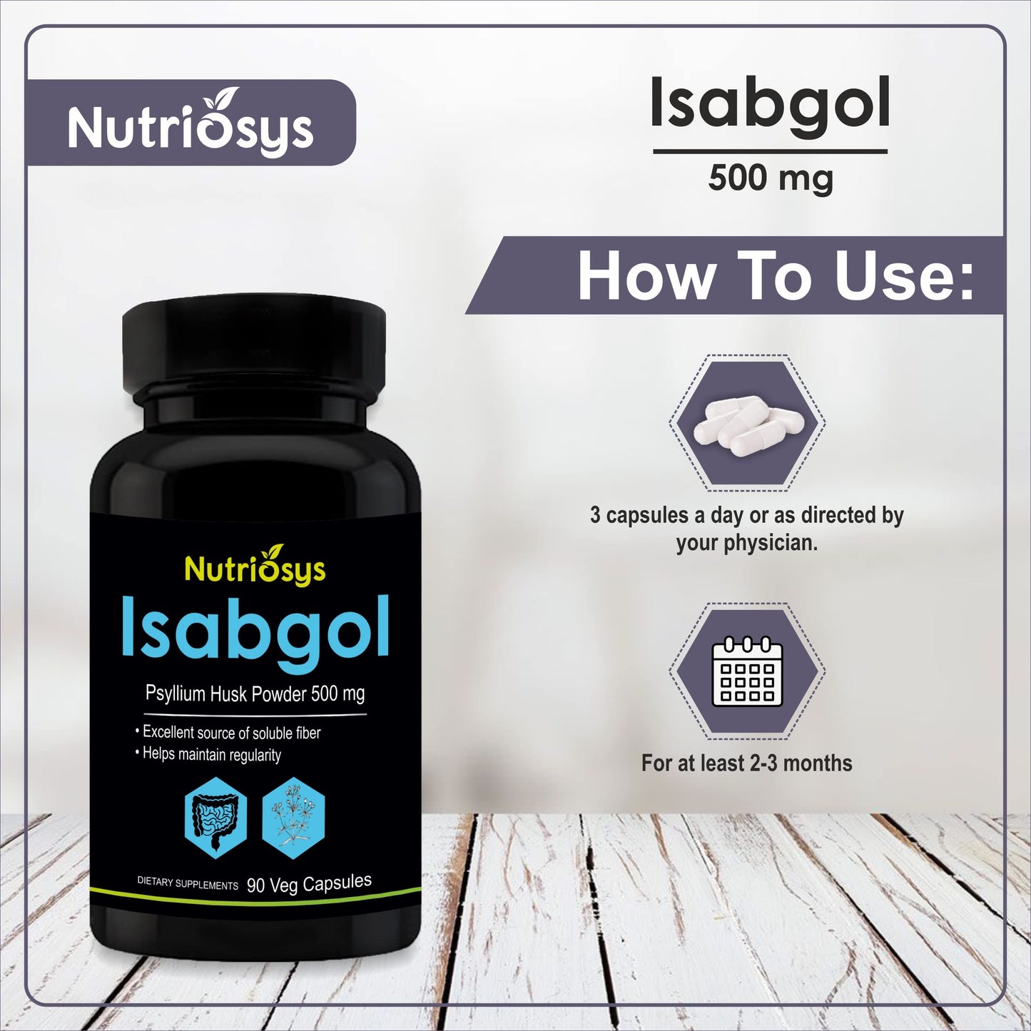 Nutriosys Isabgol Psyllium Husk 500mg Supplement, 90 Capsules