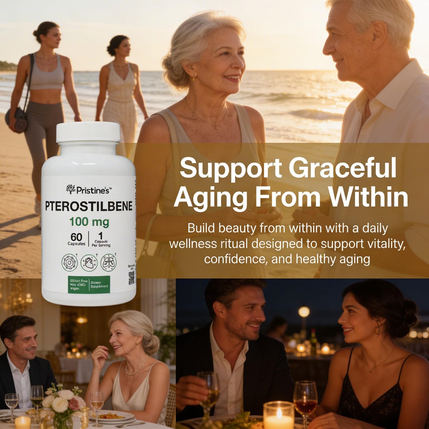 PRISTINE'S Pterostilbene 100mg Anti Aging Supplement Capsules, 60 Count