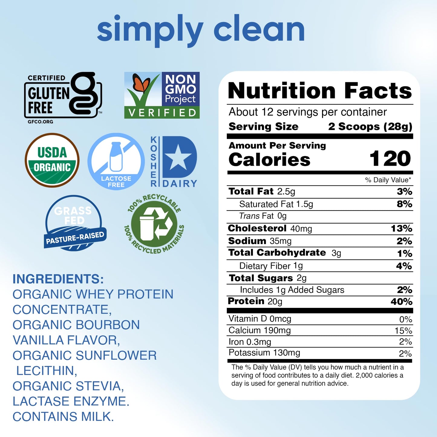 Simply Tera's Lactose Free Organic Whey Protein Powder, Vanilla, 12 oz, Pack of 1