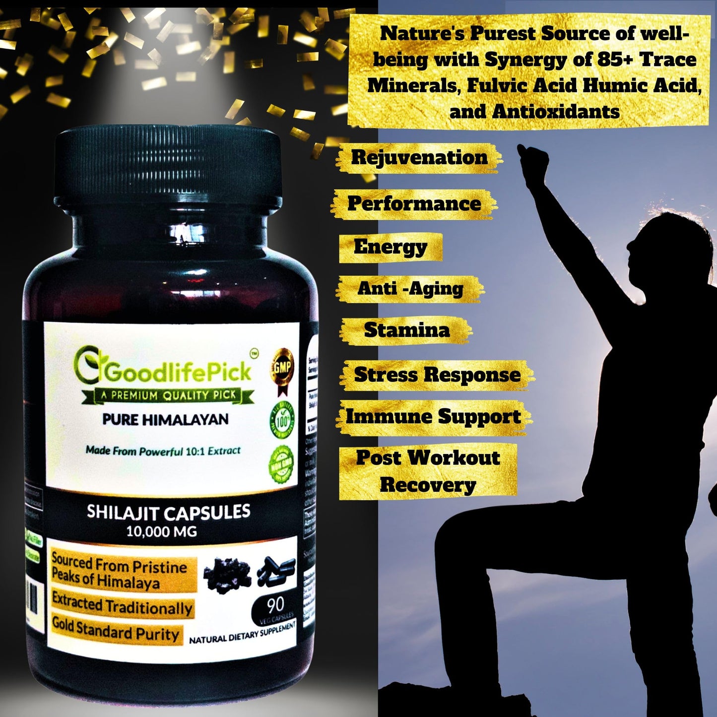 GoodlifePick Pure Himalayan Shilajit Capsules, Maximum Strength Natural Shilajit Rich in Trace Mineral & Fulvic Acid, High Altitude Sourcing, Vegan NonGMO, 90 Count