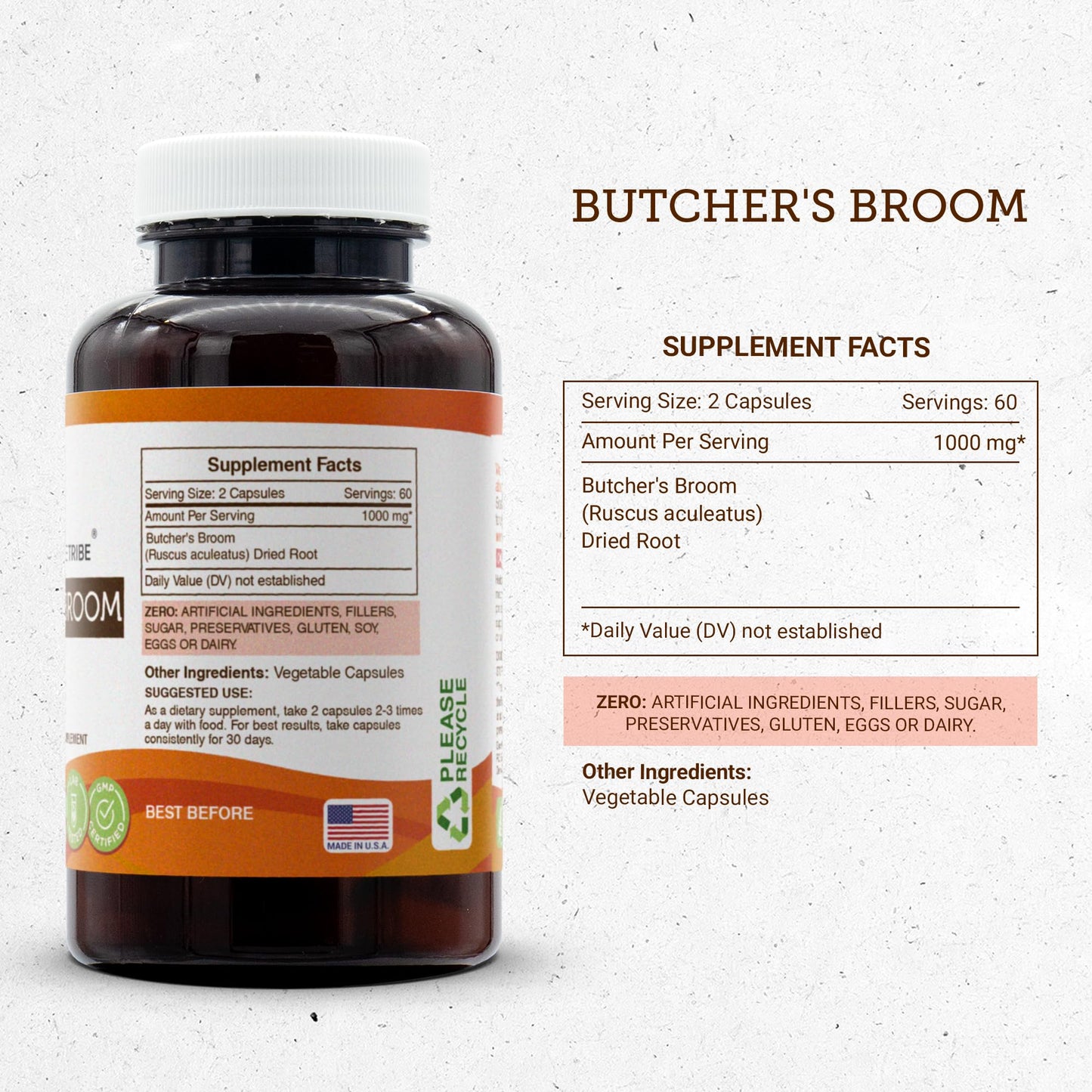 Secrets of the Tribe Butcher's Broom Dried Root 1000 mg Capsules, 120 Count
