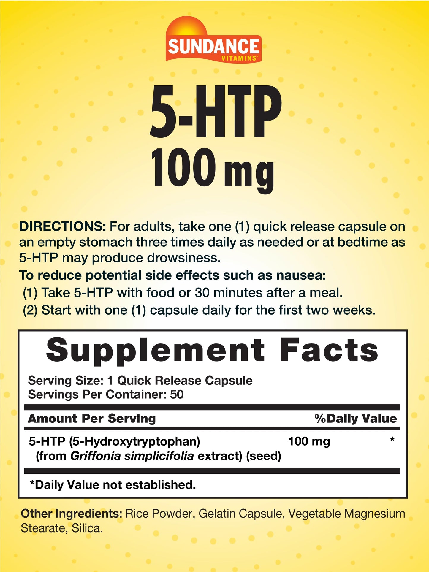 Sundance 5-HTP 100mg Capsule, 50 Count