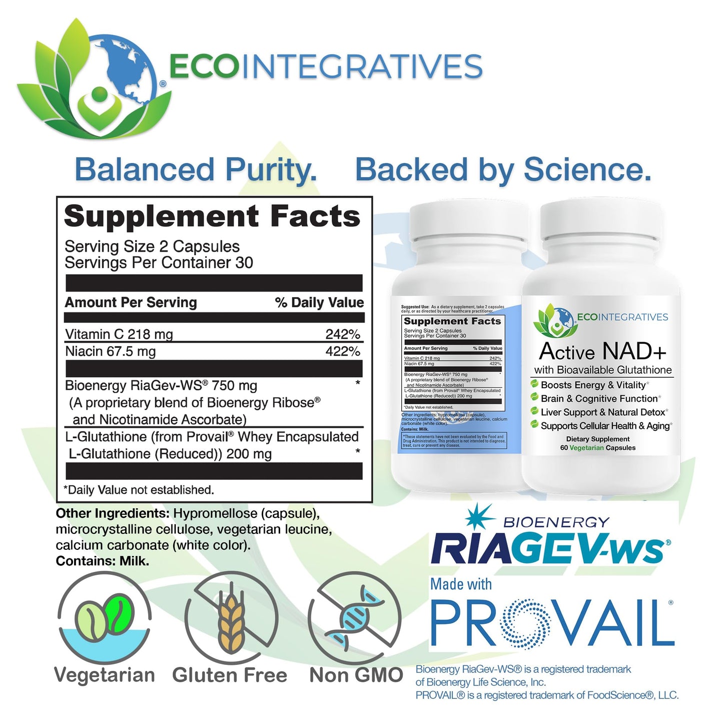 EcoIntegratives Active NAD+ with Bioavailable Glutathione – Energy, Brain & Cellular Support Supplement – RiaGev NAD+ Booster + Provail Glutathione, 60 Vegetarian Capsules