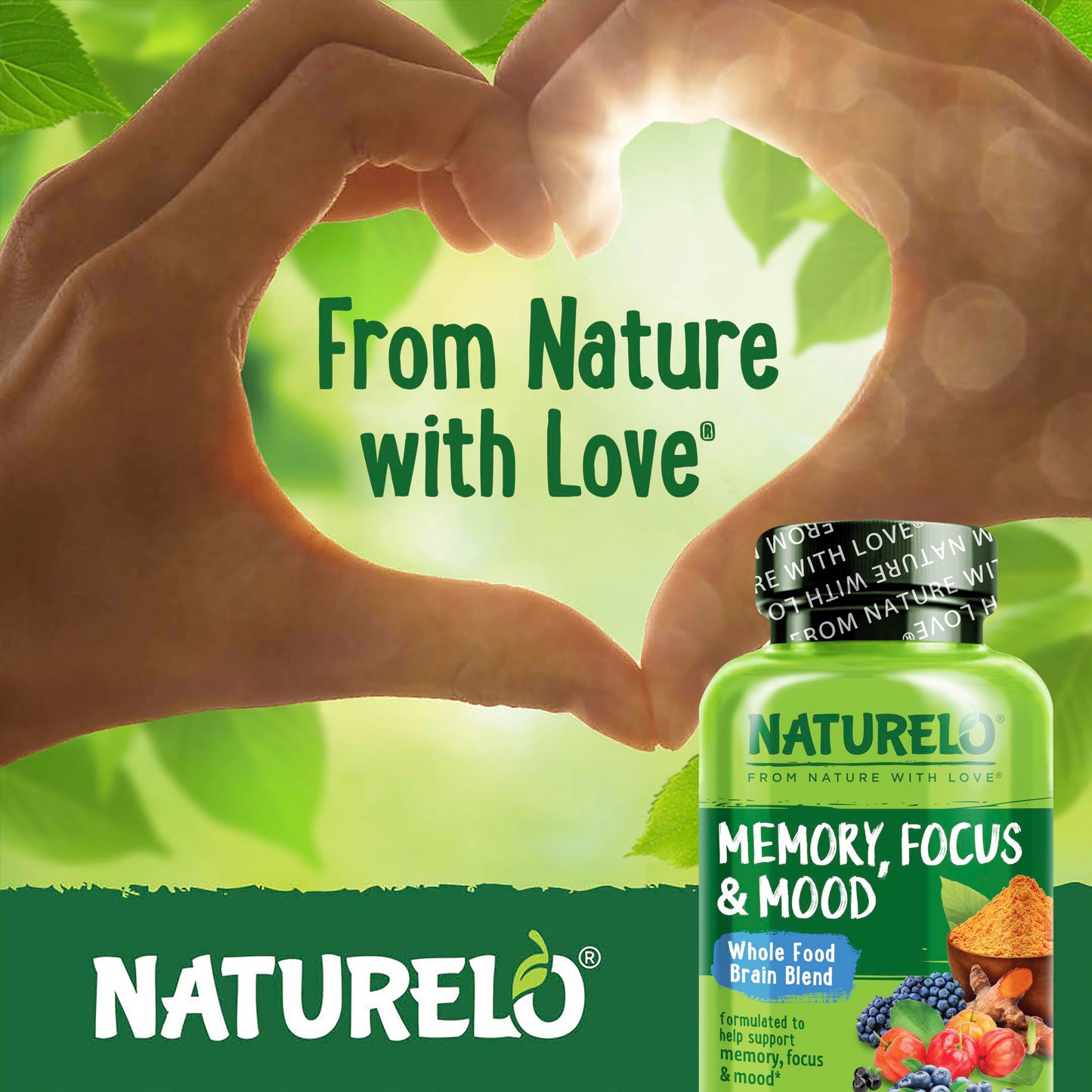 NATURELO Whole Food Brain Supplement for Focus Support, 120 Capsules