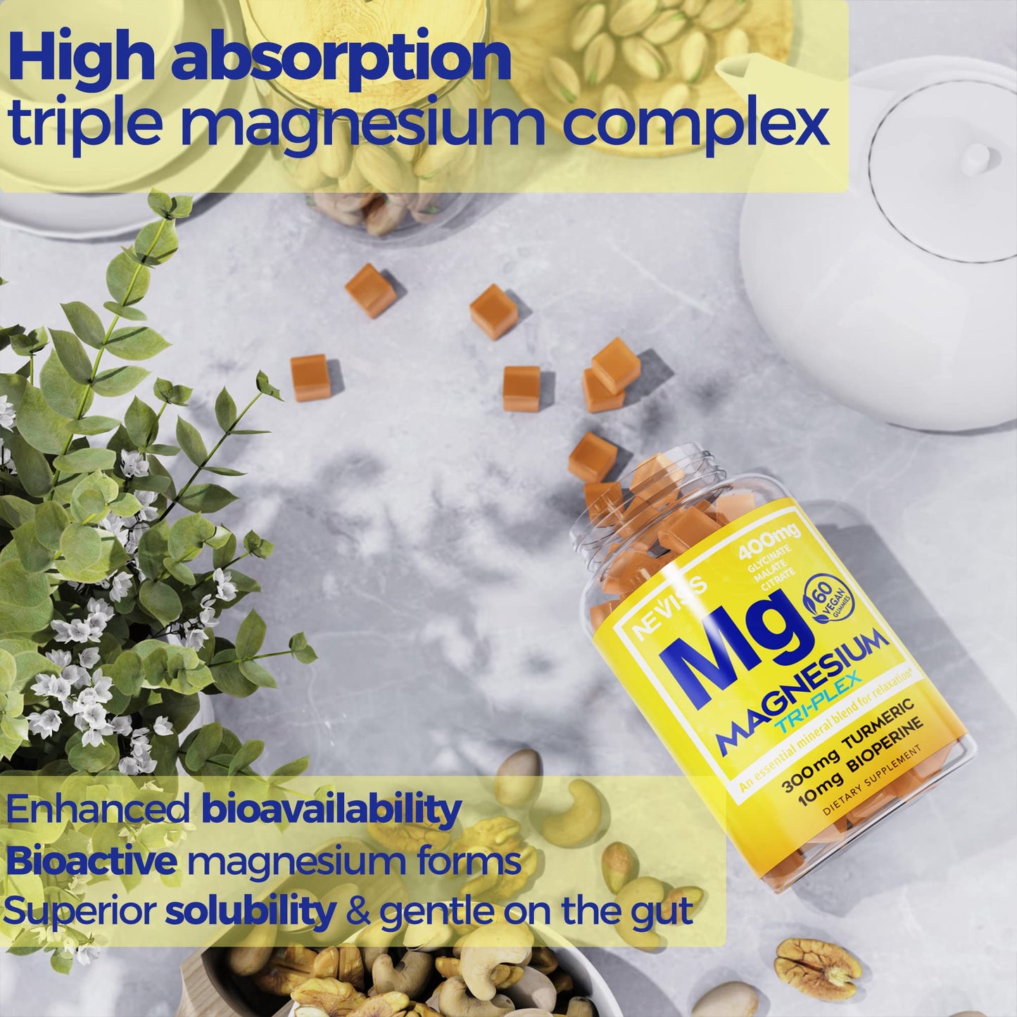 NEVISS Magnesium Gummies with Turmeric + Sugar Free Probiotics, 180 Gummies