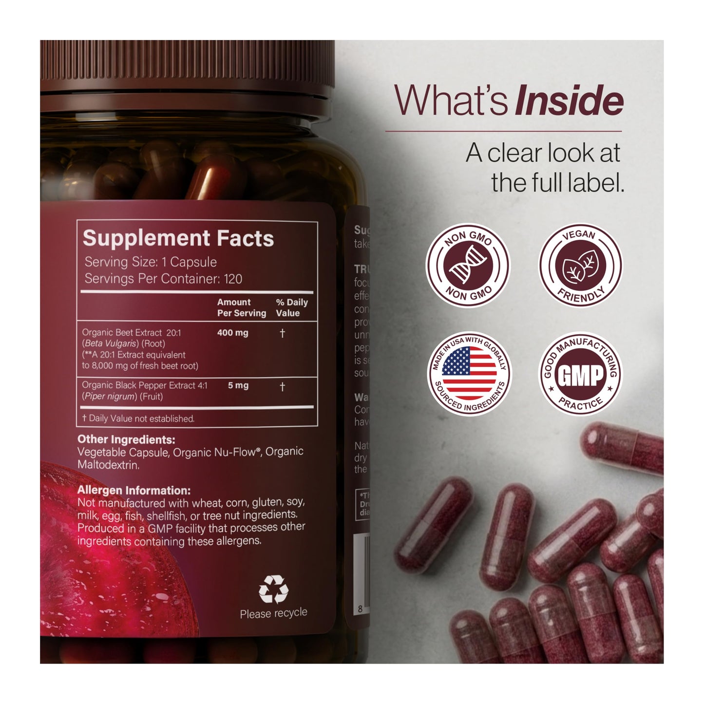 TRUE BEETS Organic Beet Root Capsules, 120 Capsules