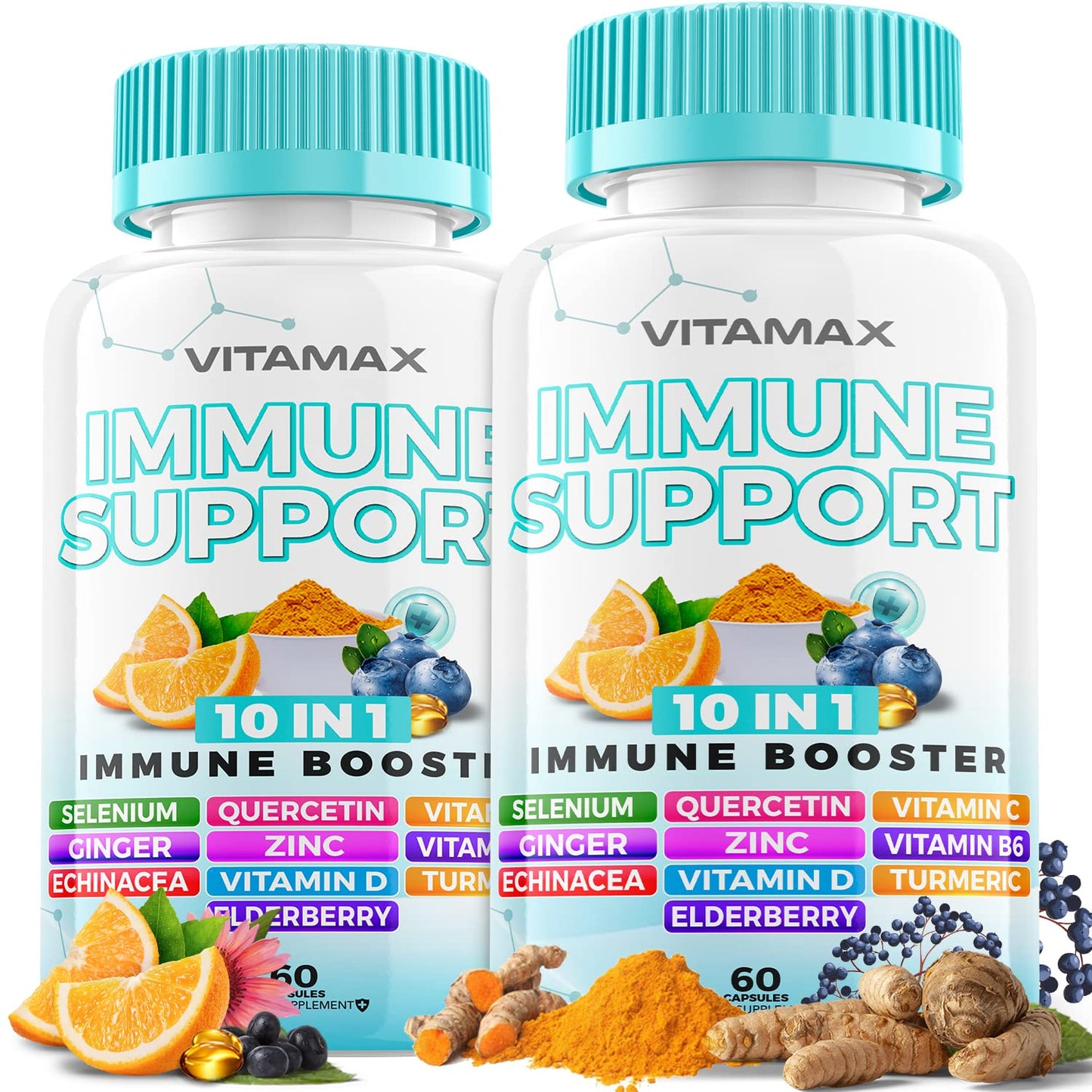Vitamax 10-in-1 Immune Support with Elderberry, D3, Selenium, Quercetin, Zinc, Vitamin C, Ginger, Turmeric Curcumin, B6, Echinacea – Immune Defense – Made in USA, Capsules, 60 Count (Pack of 2)
