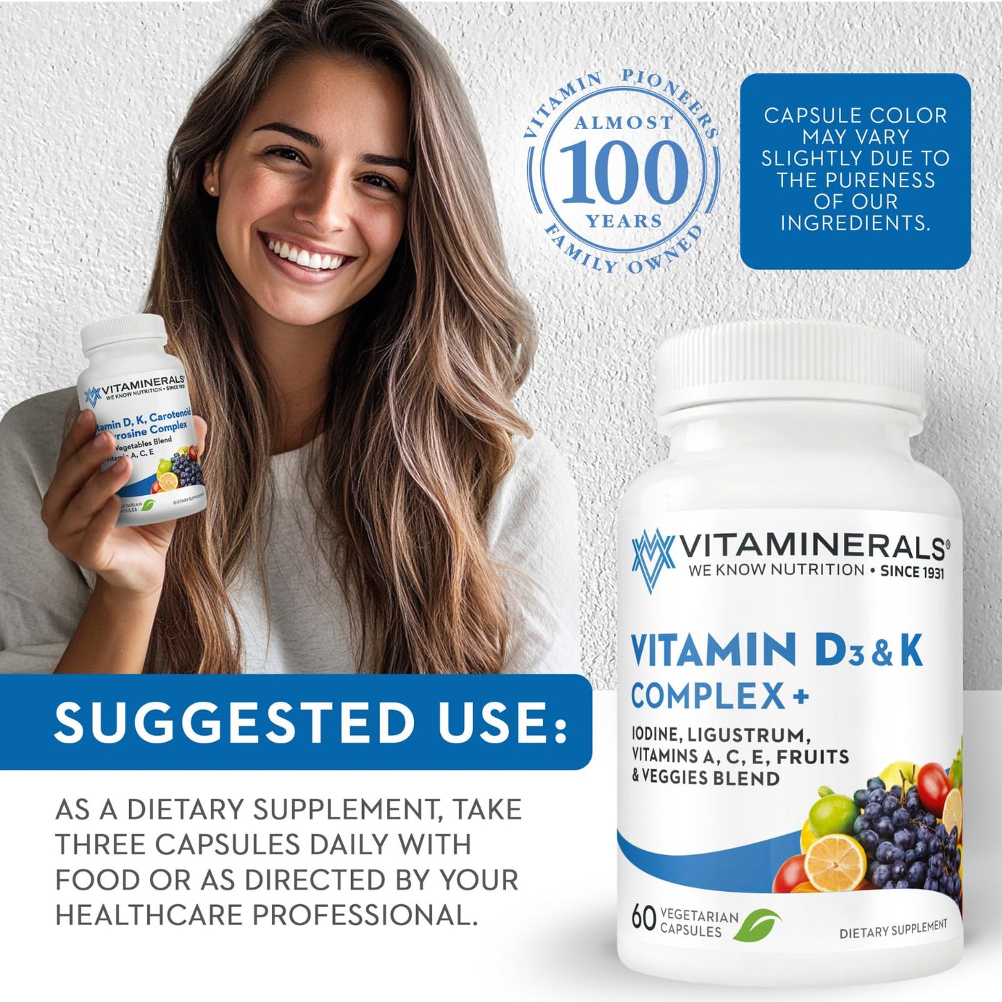 Vitaminerals Vitamin D3 + K Complex Capsule, 60 Veggie Capsules