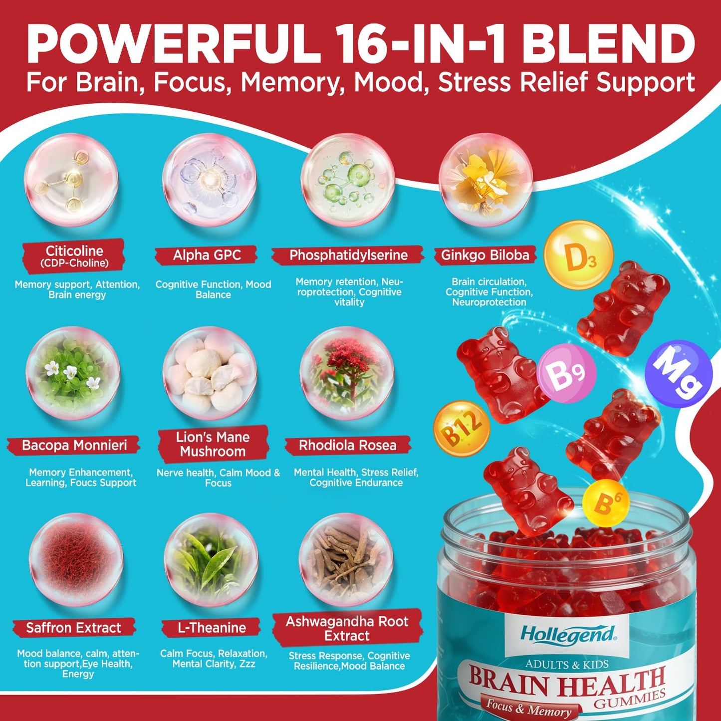 HOLLEGEND Brain Supplement Gummies with Choline, Lion’s Mane, Phosphatidylserine & More, Memory & Focus Support, Vegan, Sugar Free, Organic, 60 Gummies