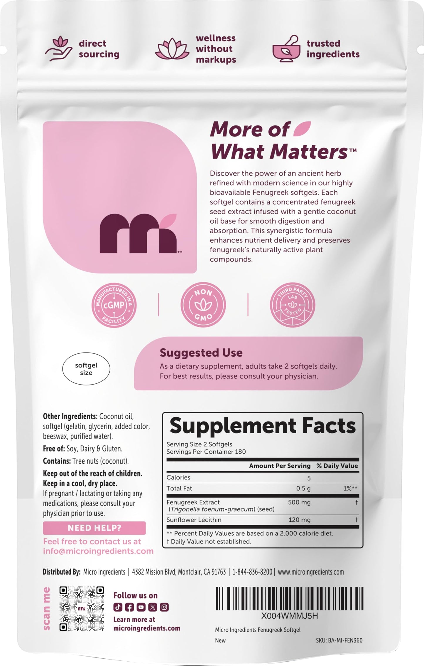Micro Ingredients Fenugreek with Sunflower Lecithin Softgels 360