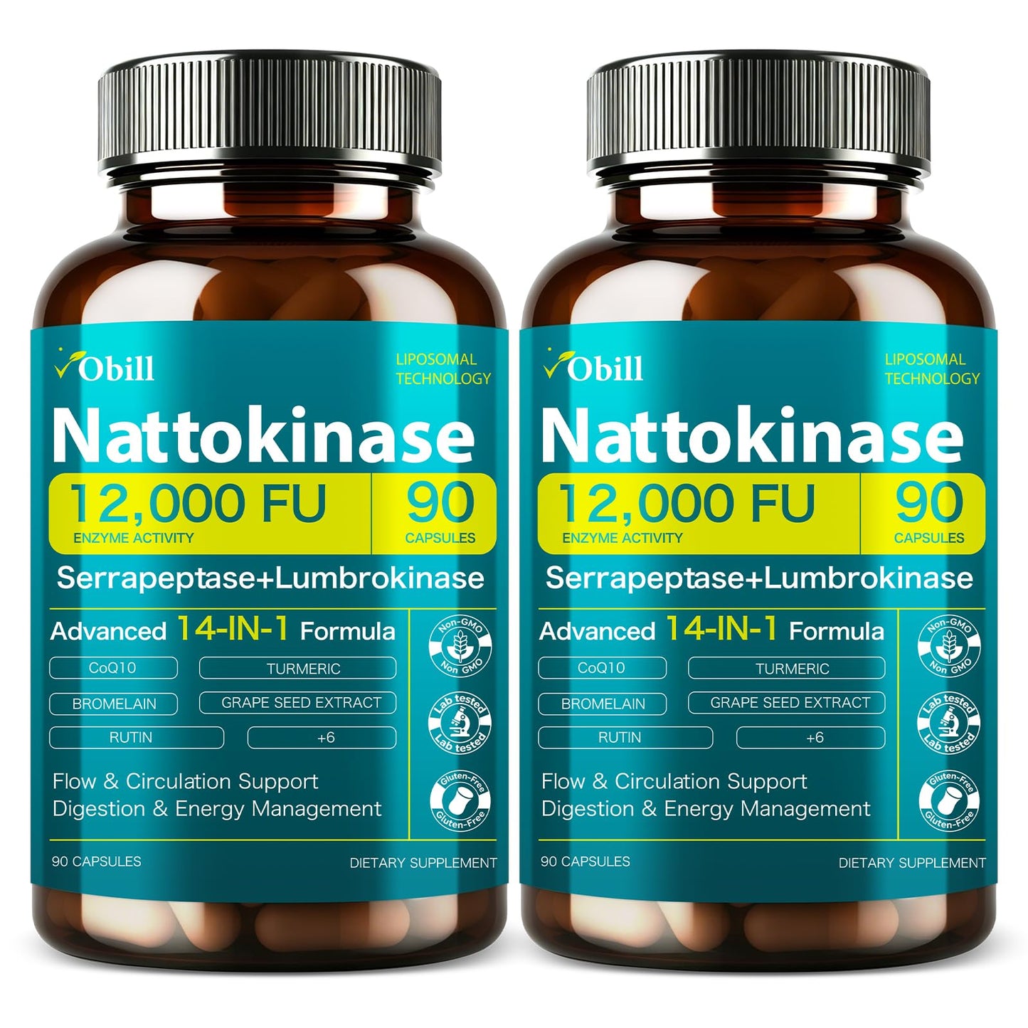 Obill NuTrance Nattokinase & Systemic Enzymes Complex with CoQ10, 180 Capsules
