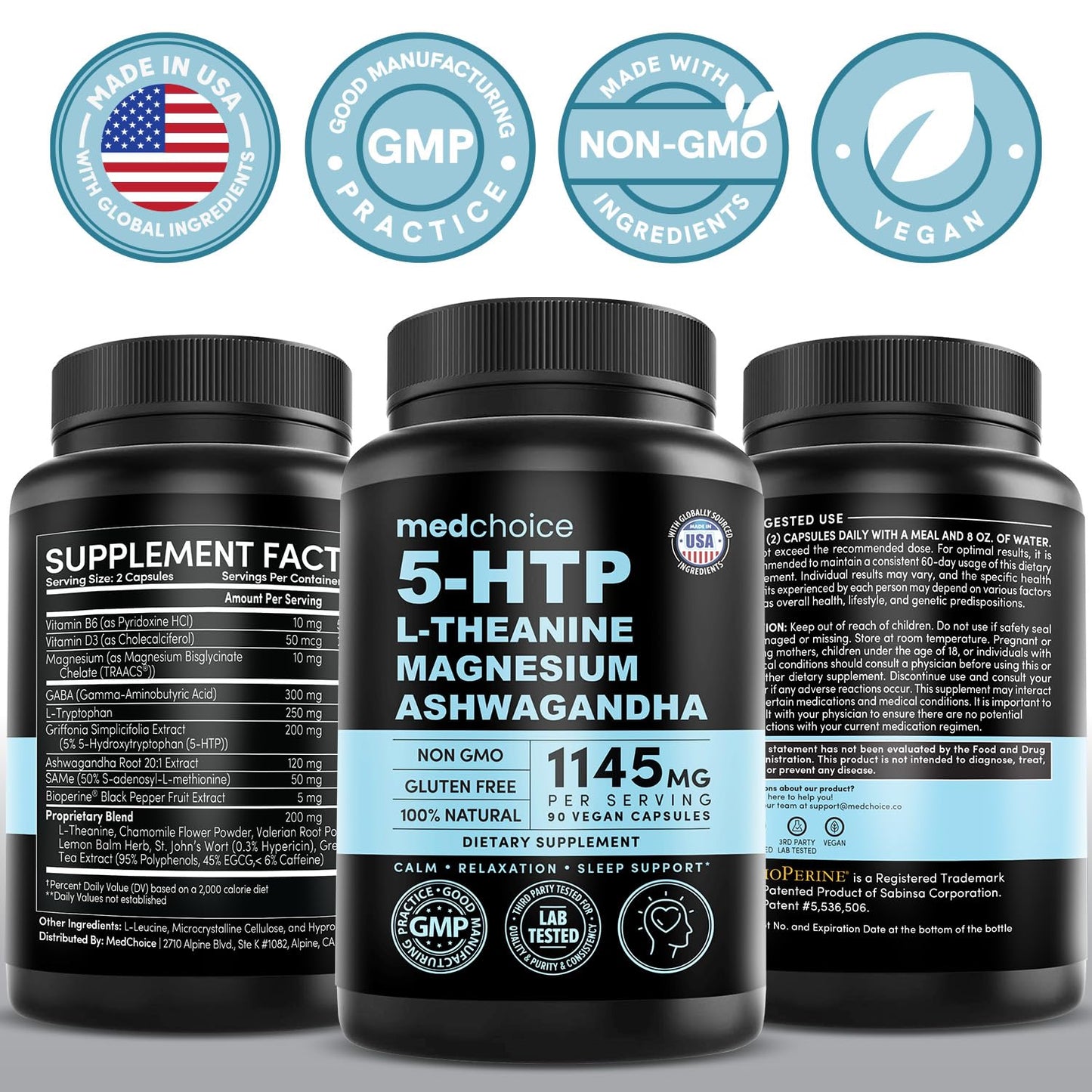 MEDCHOICE 15-in-1 Mood Support Supplement 5-HTP Capsules, 200mg, with L-Theanine, Magnesium, Ashwagandha, GABA, St. John's Wort and L-Tryptophan, 360 Capsules