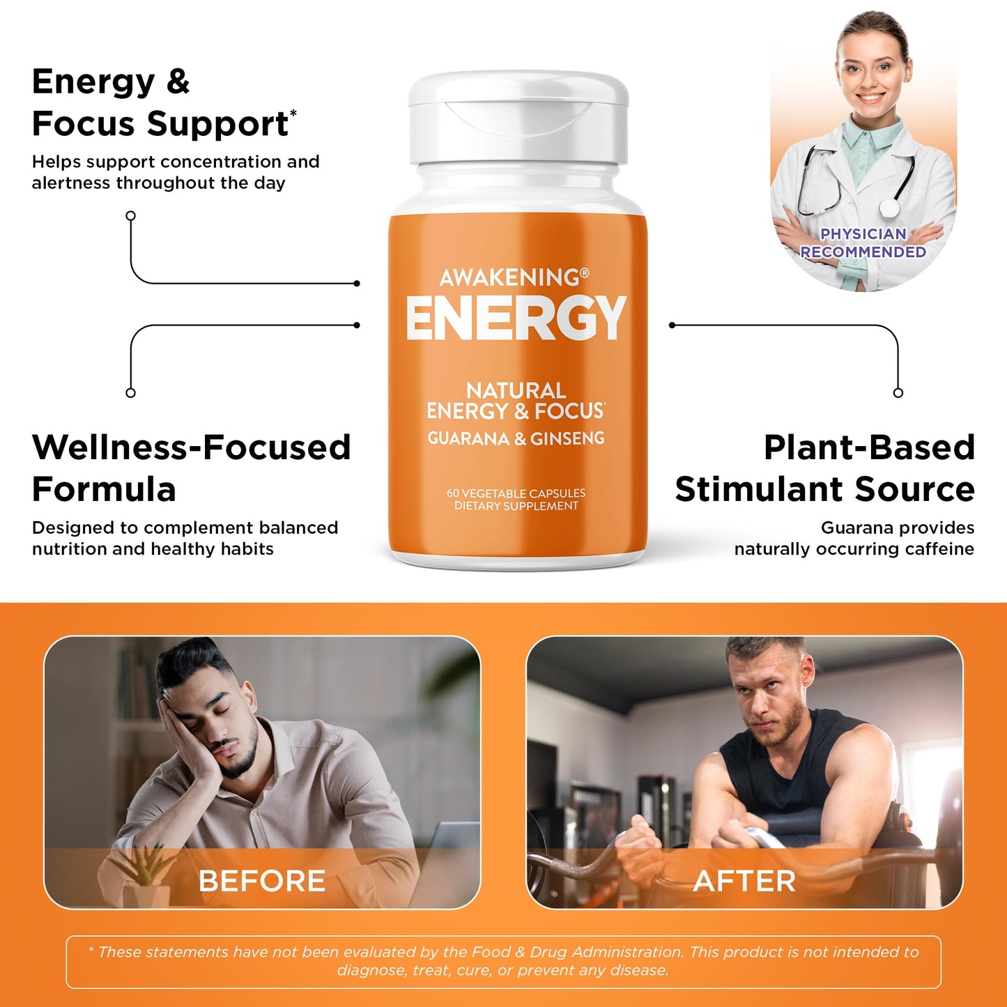 Oxygen Nutrition Awakening Natural Energy & Focus Supplement with Panax Ginseng, Guarana Extract & Chromium Picolinate Capsule, 60 Count
