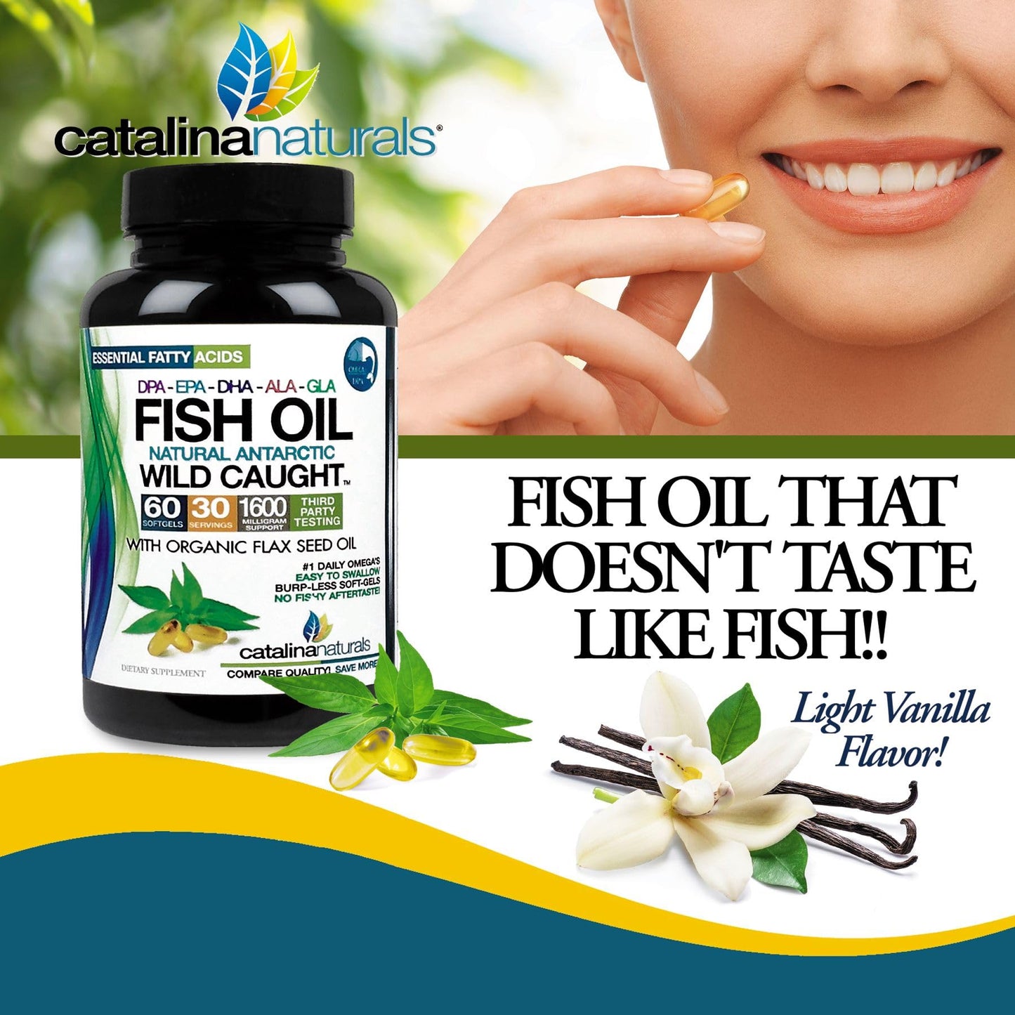 Catalina Naturals Triple Strength Fish Oil Wild Caught Antarctic Omega3 with Organic Flax Seed Oil - Omega 3-6-9 Ultra Pure with EPA-DHA-DPA-GLA-ALA, Light Vanilla Flavor Softgels 60
