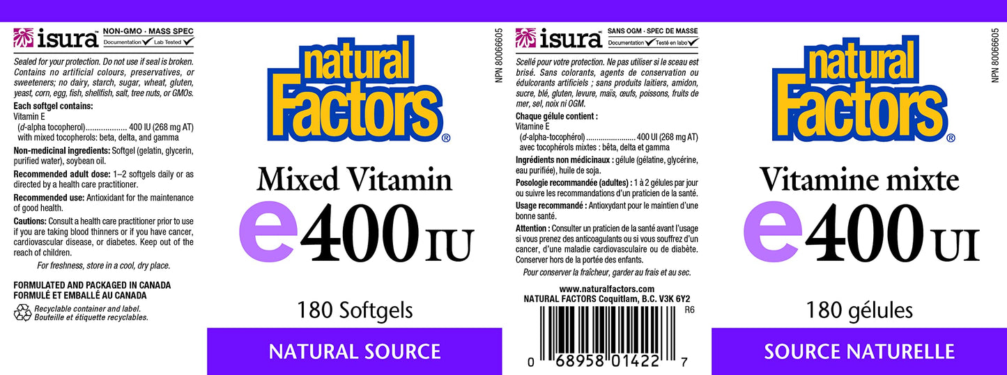 Natural Factors Mixed Vitamin E 400 IU Softgels 180