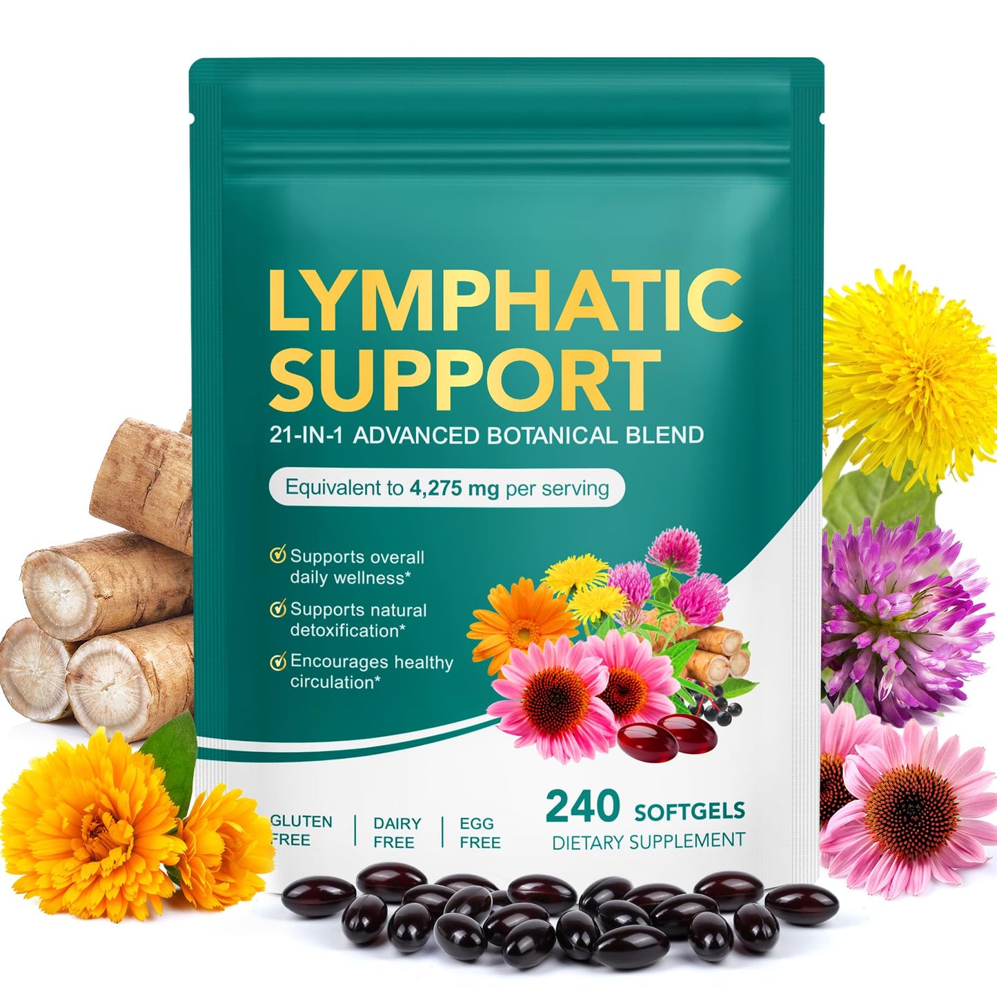 QZFICNJY Lymphatic Drainage Supplement with 21-in-1 Herbal Blend, Lymph System Support Capsule, 240 Count