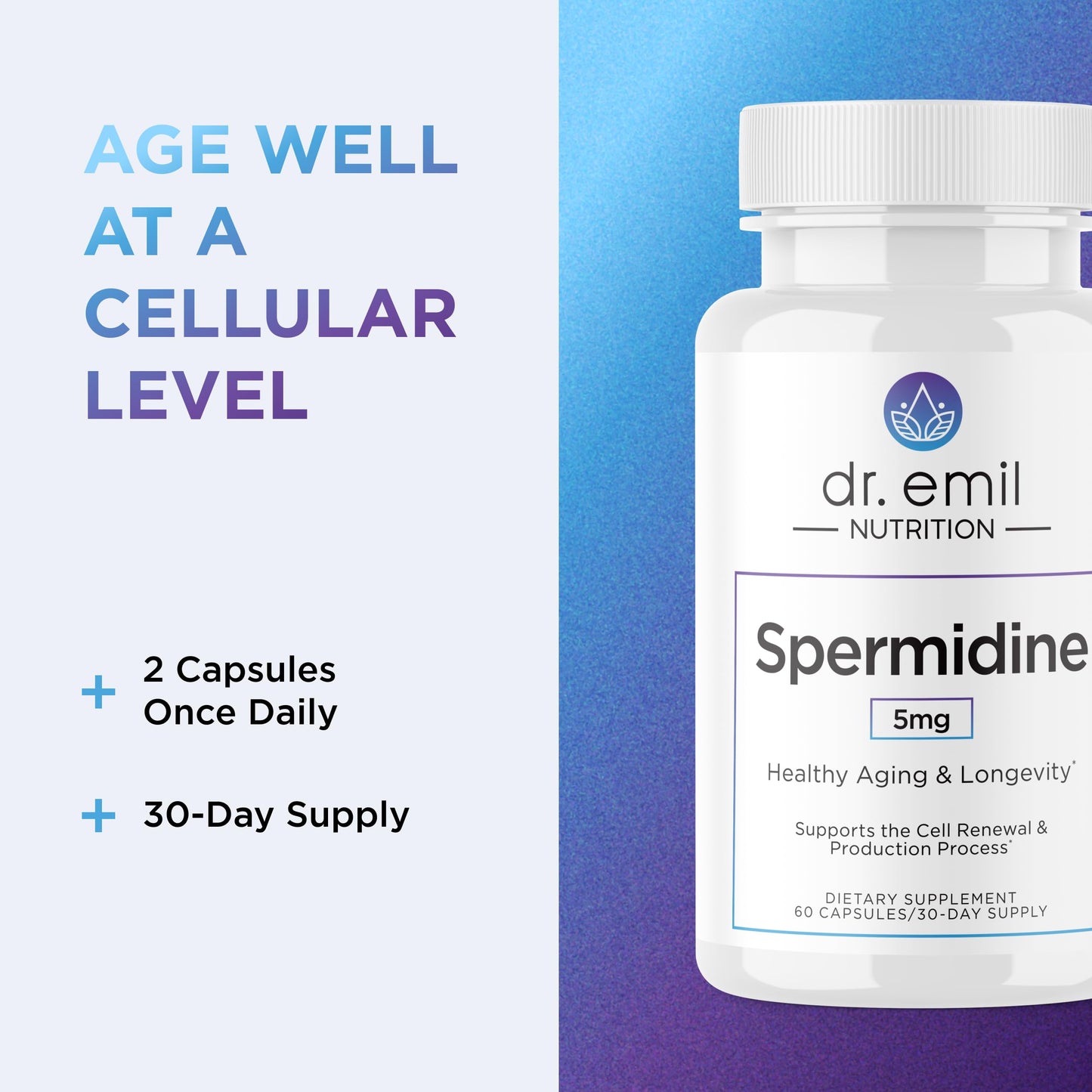 Dr. Emil Nutrition Aging & Longevity, Pure Spermidine 5mg, Thiamin 20mg, 60 Capsules