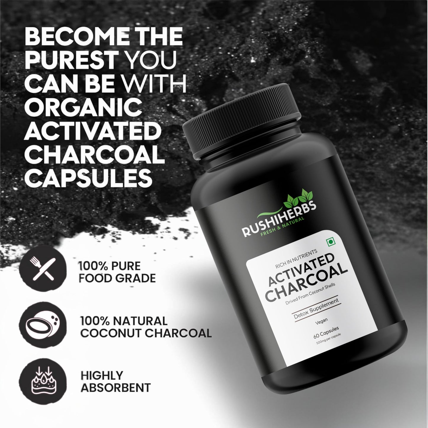 RUSHIHERBS Activated Charcoal 500 mg Capsule, 1 Count