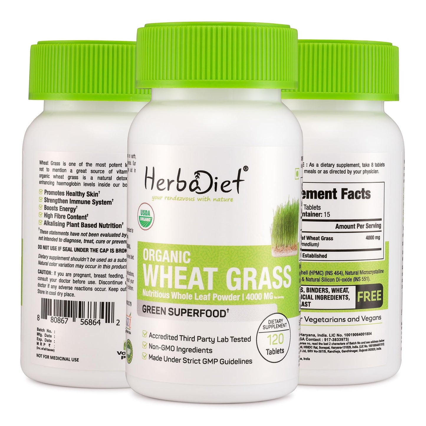 Herbadiet Organic Wheat Grass Whole Leaf 500mg Tablets, 120 Count