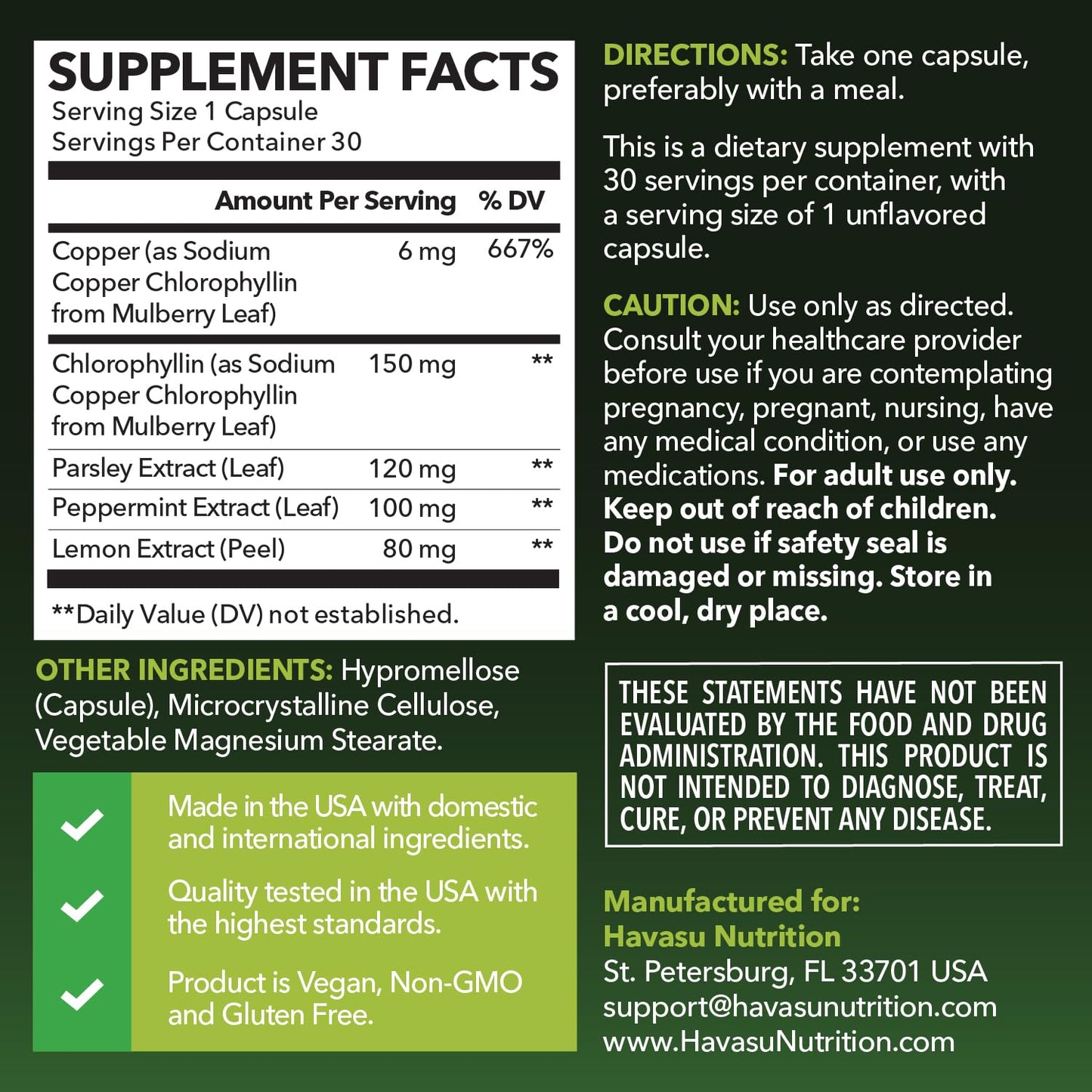 HAVASU NUTRITION Chlorophyll Capsules 150mg per Serving with Parsley, Peppermint & Lemon, 30 Capsules