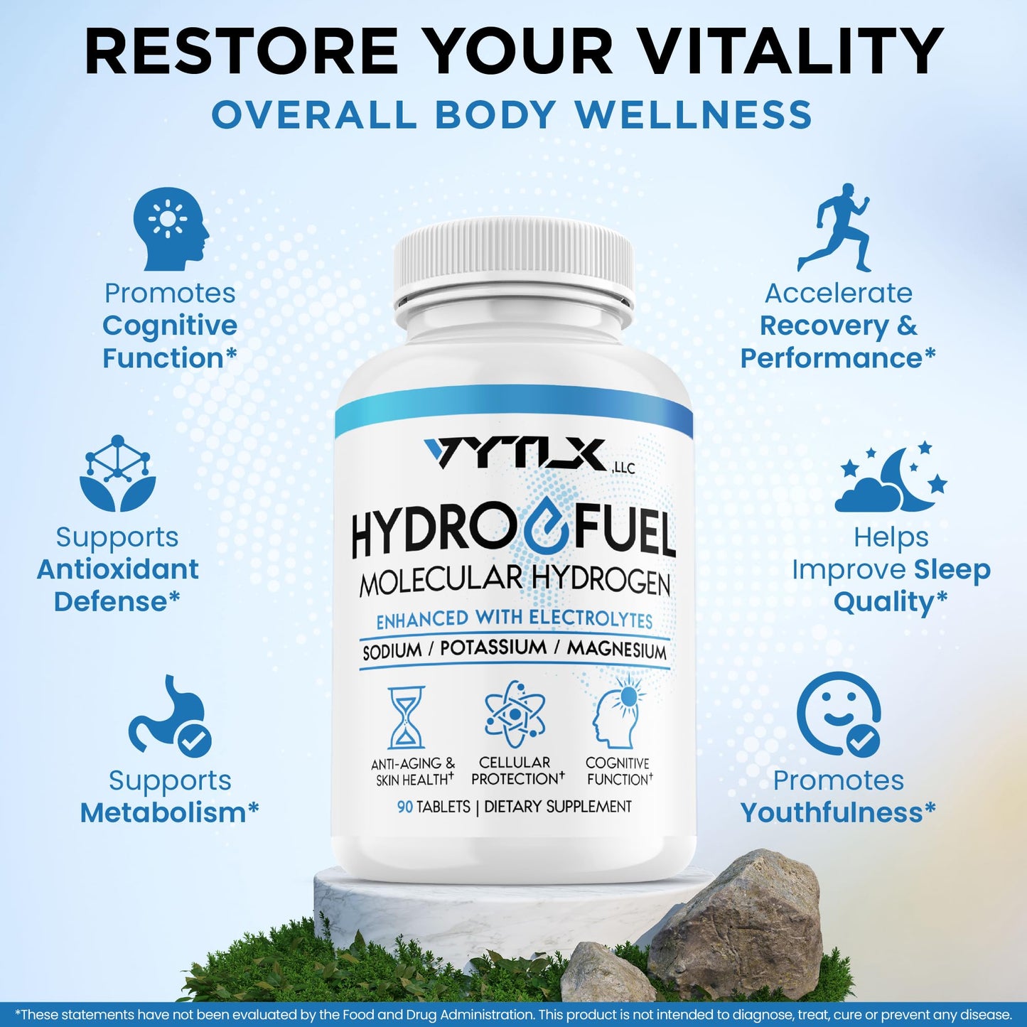 Hydro-Fuel Hydrogen Water Tablets with Electrolytes, 90 Count