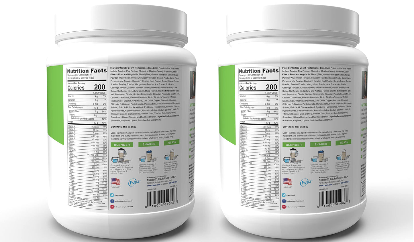 LEAN1 Meal Replacement Protein Shake Powder, Vanilla Flavor, 2-Pack of 15-Serving Tubs