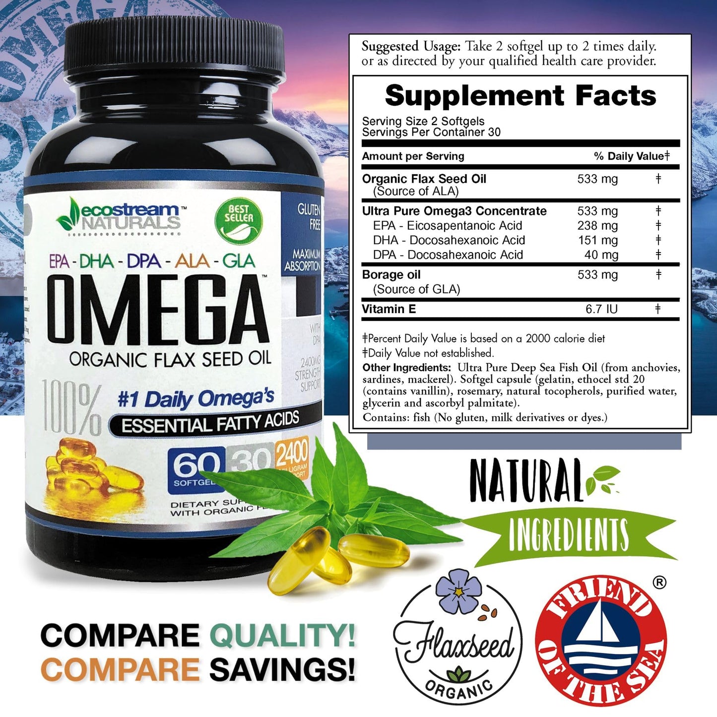 ecostream Naturals Triple Strength Omega 3-6-9 Blend with DPA, EPA, DHA, ALA and GLA and Organic Flax Seed Oil Softgel 60 SoftGels
