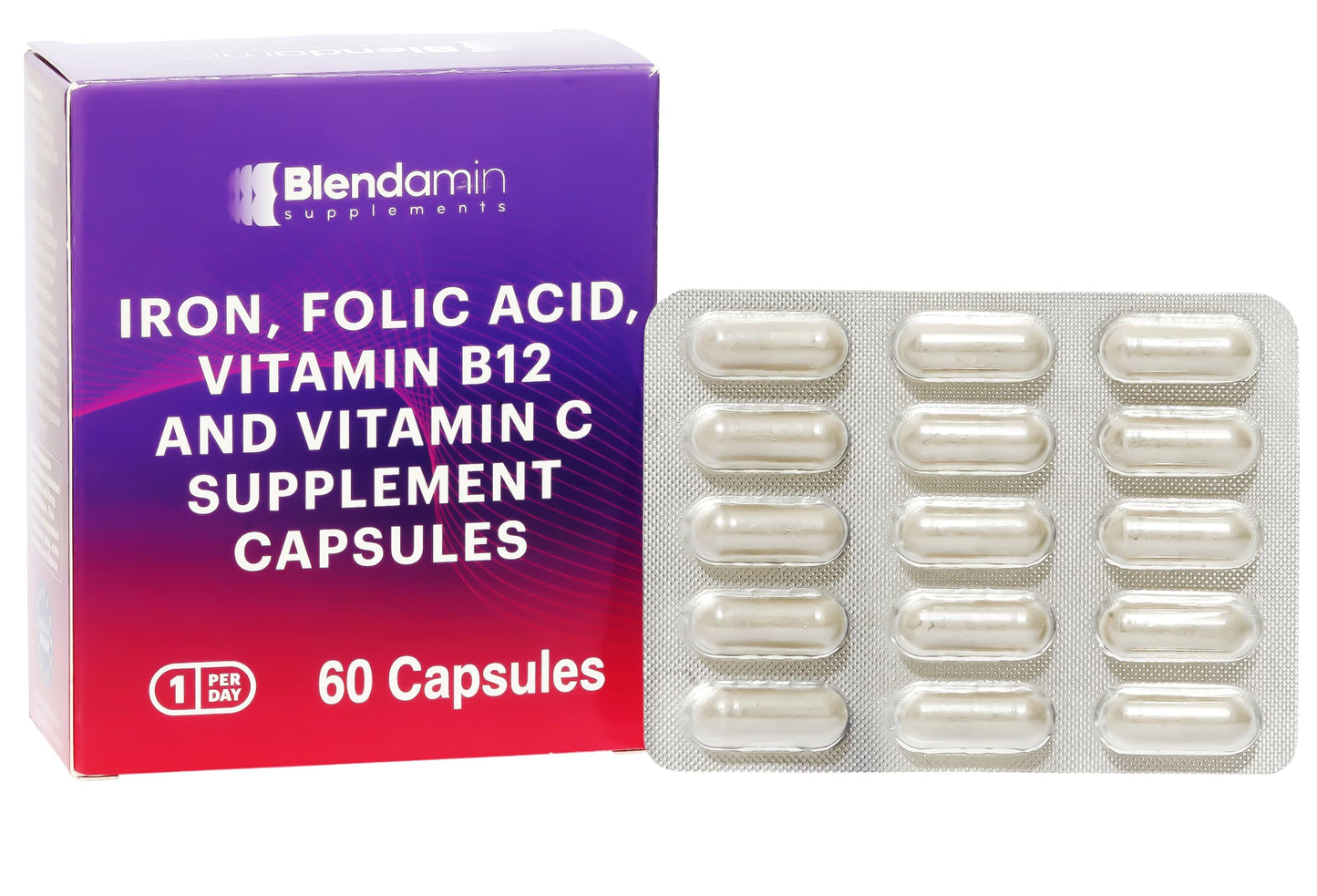 Blendamin Iron Ferrous Bisglycinate with Vitamins B12 Cyanocobalamin, Folic Acid, Vitamin C, Red Cells Formation, Blood & Immunity Health Capsules, 60 Capsules