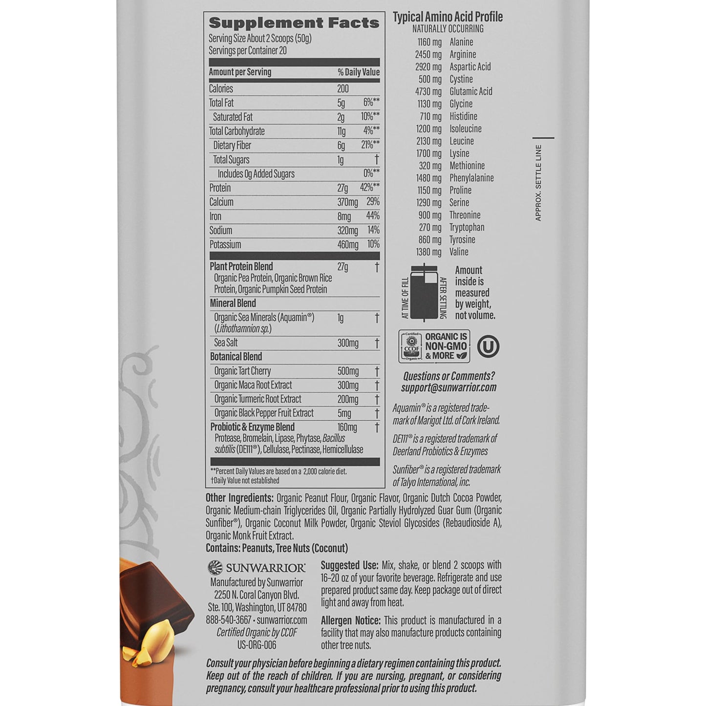 Sunwarrior Chocolate Peanut Butter & Vanilla Active Organic Protein Powder, Powder, 40 Servings