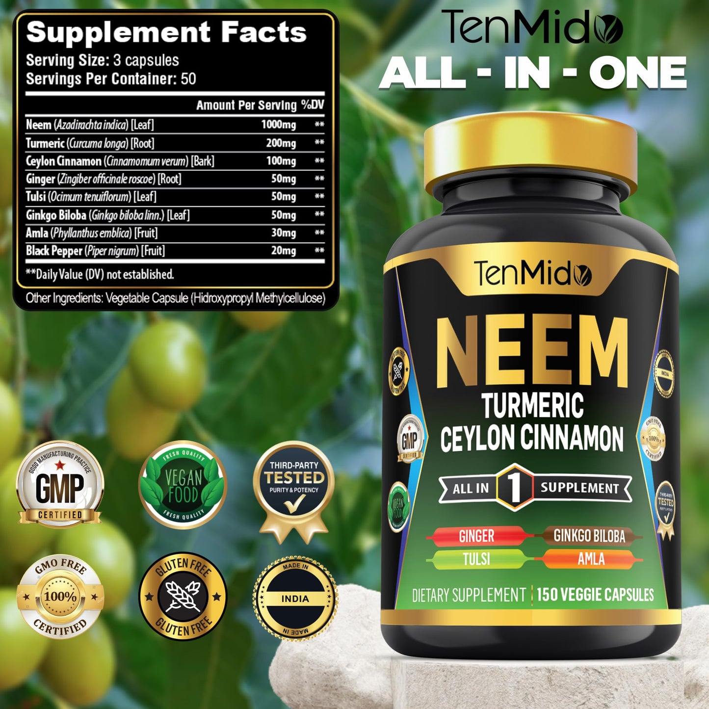 Tenmido Neem Leaf Supplement Capsule 150 Count