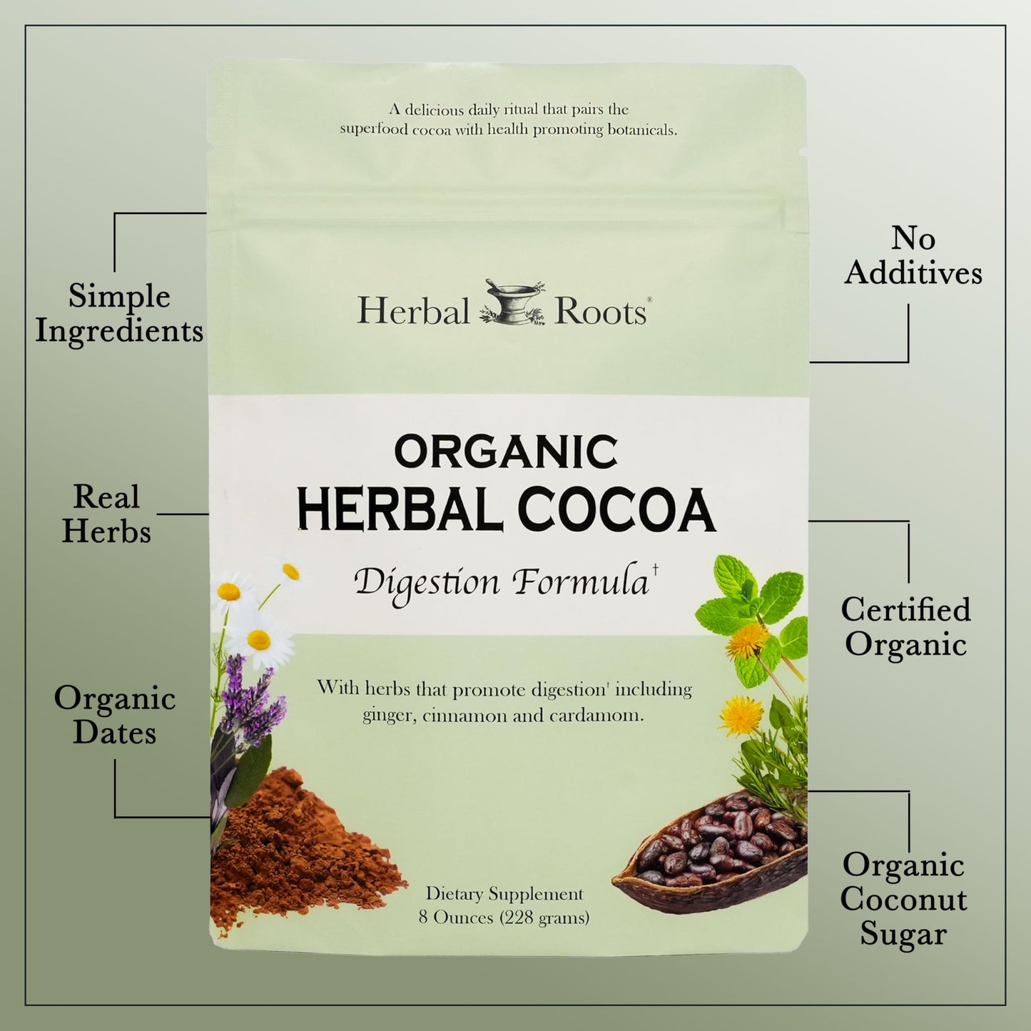 Herbal Roots Organic Digestive Spiced Herbal Cocoa Powder, 8 oz