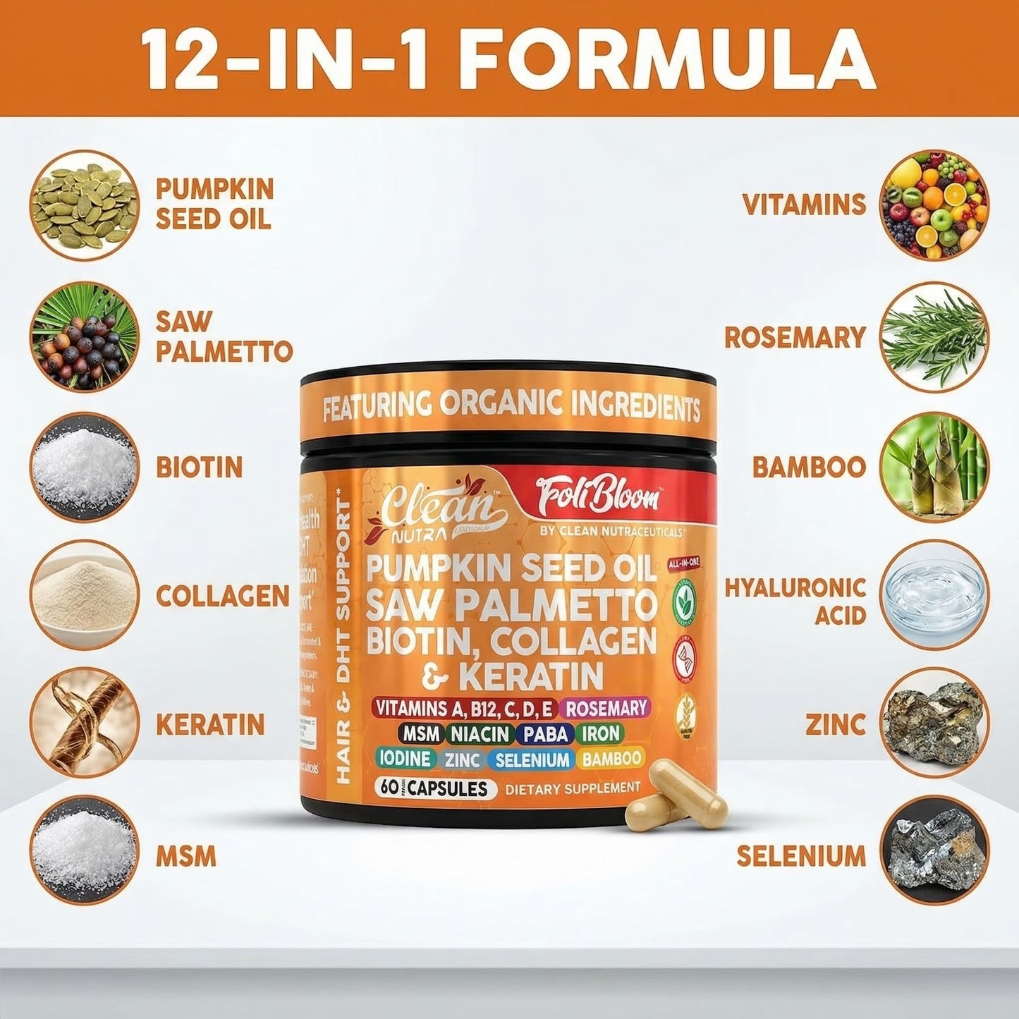 Clean Nutraceuticals Pumpkin Seed Oil Capsules + Saw Palmetto Biotin Collagen Keratin MSM Folate Hyaluronic Acid Hair Supplement, 60 Capsules