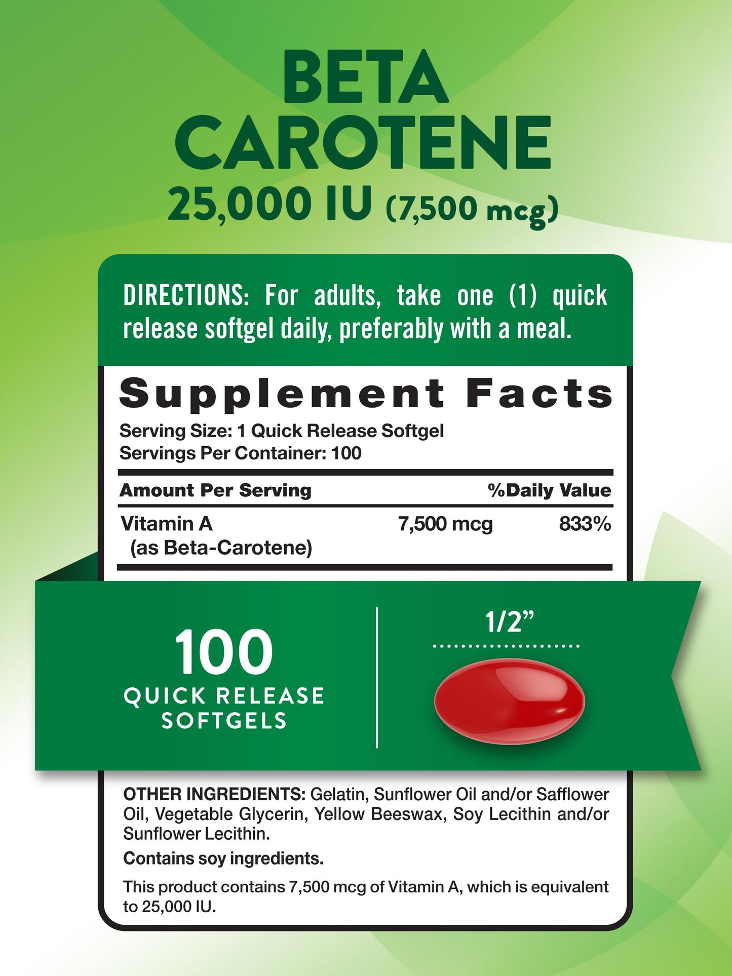 Nature's Truth Beta Carotene 25000 IU Softgels 100 Count