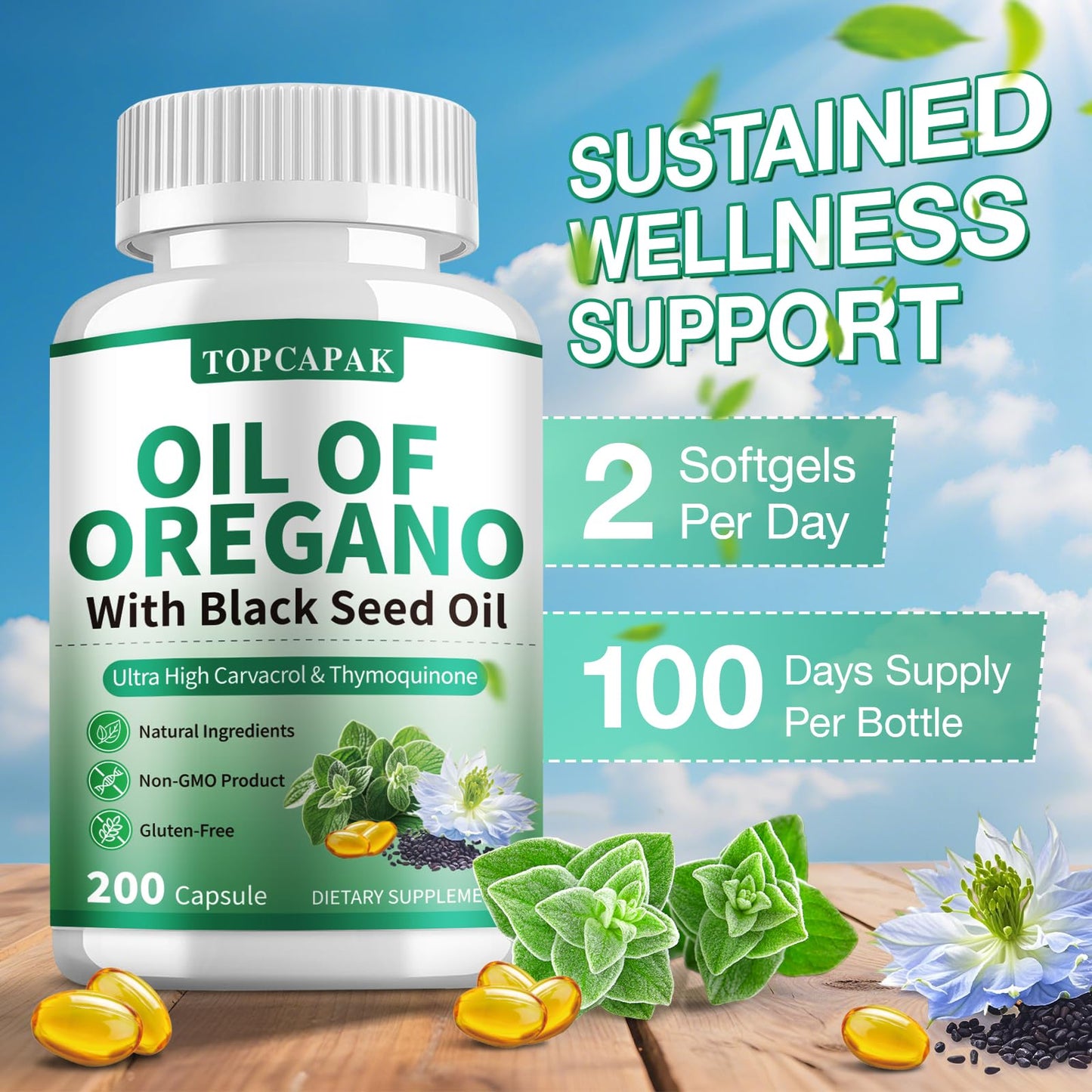 TOPCAPAK Oil of Oregano with Black Seed Oil Softgels, 400 Softgels