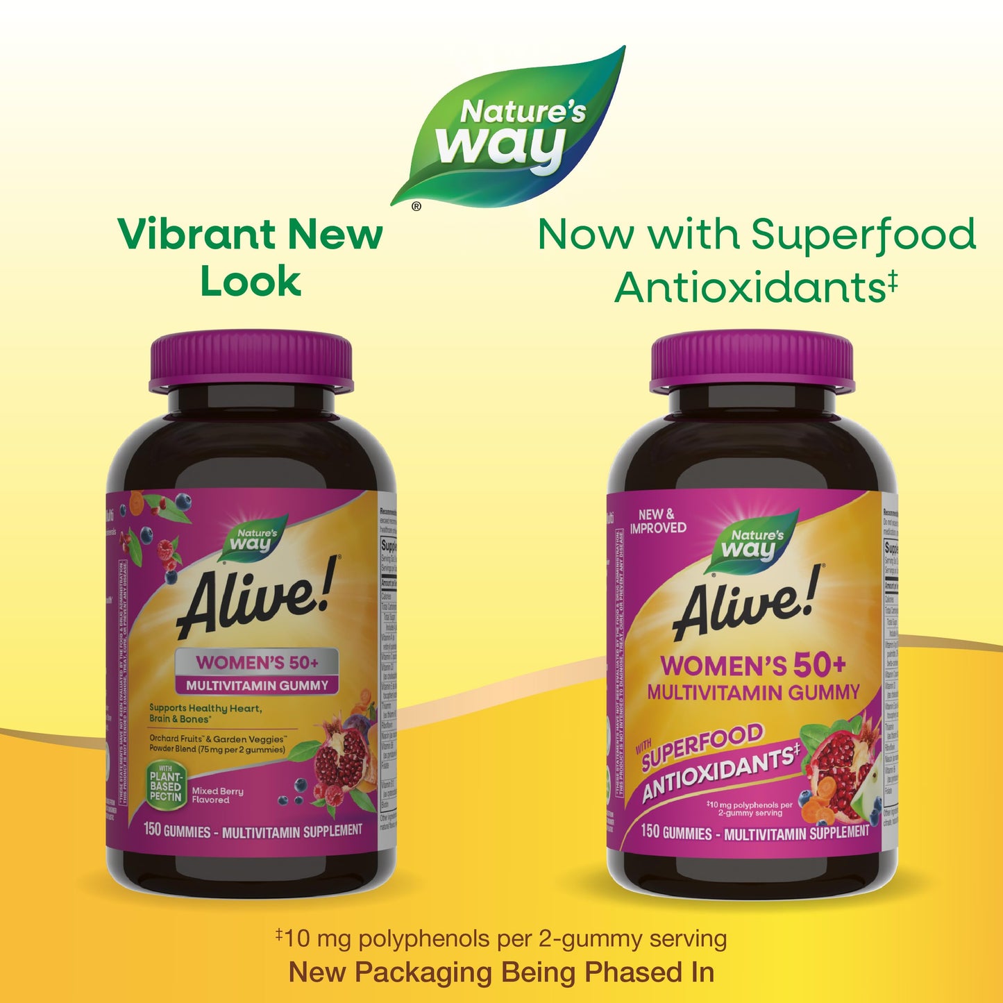 Nature's Way Alive! Women’s 50 Plus Multivitamin Gummy, Daily Chewable Multivitamins with B-Vitamins, Vitamin D3, Calcium, Supports Heart, Brain & Bone Health,* Mixed Berry Flavored, 150 Count