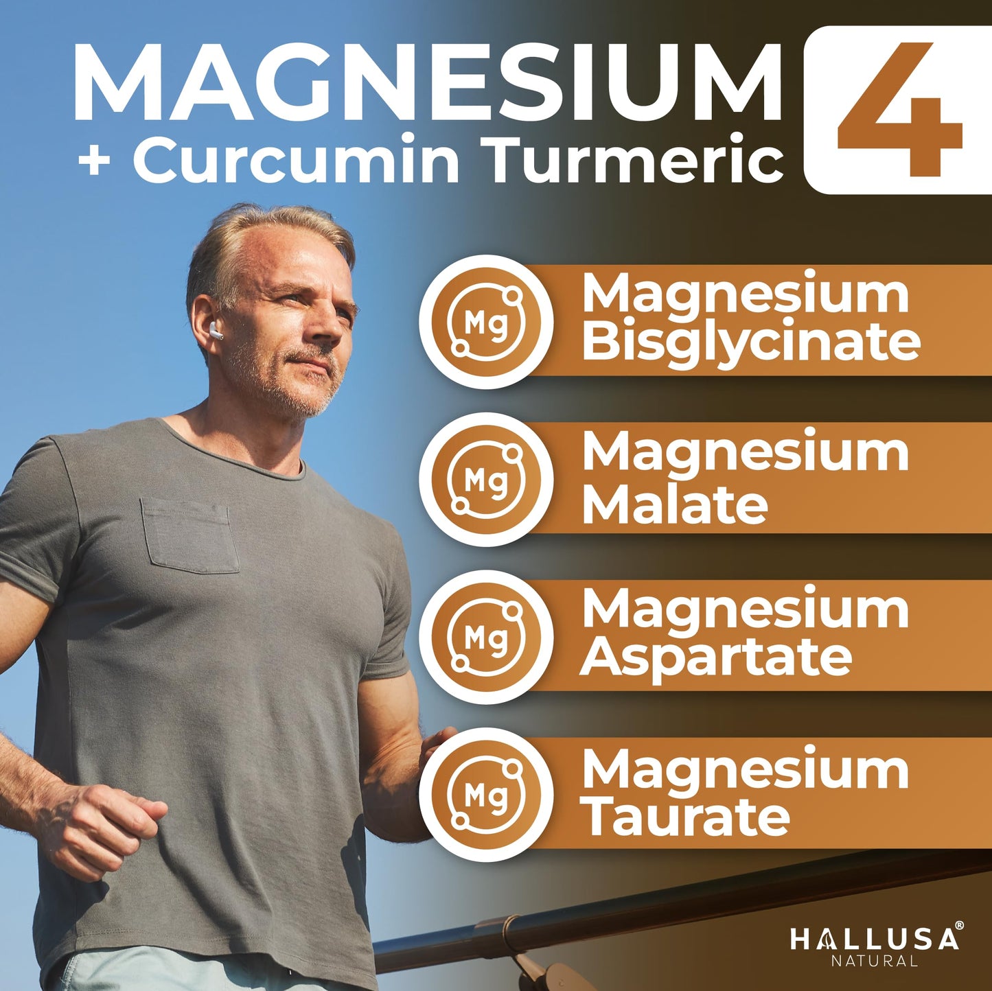 Hallusa Natural Hall4Magnesium 4 Magnesium Complex + Curcumin Turmeric, 60 Capsules