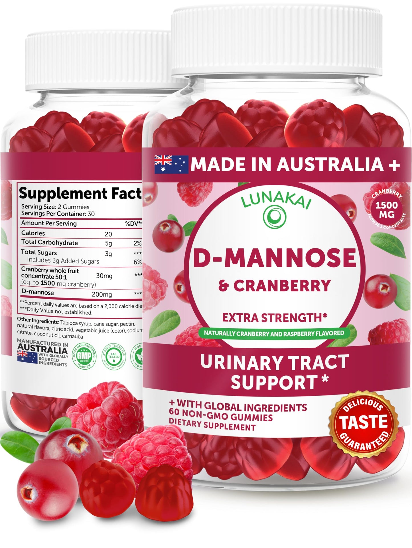 Lunakai Cranberry Gummies for Women 1500mg (50:1 Extract) with D-Mannose 200mg, Urinary Tract Health & Bladder Support, Non-GMO, Made in Australia, 60 Count
