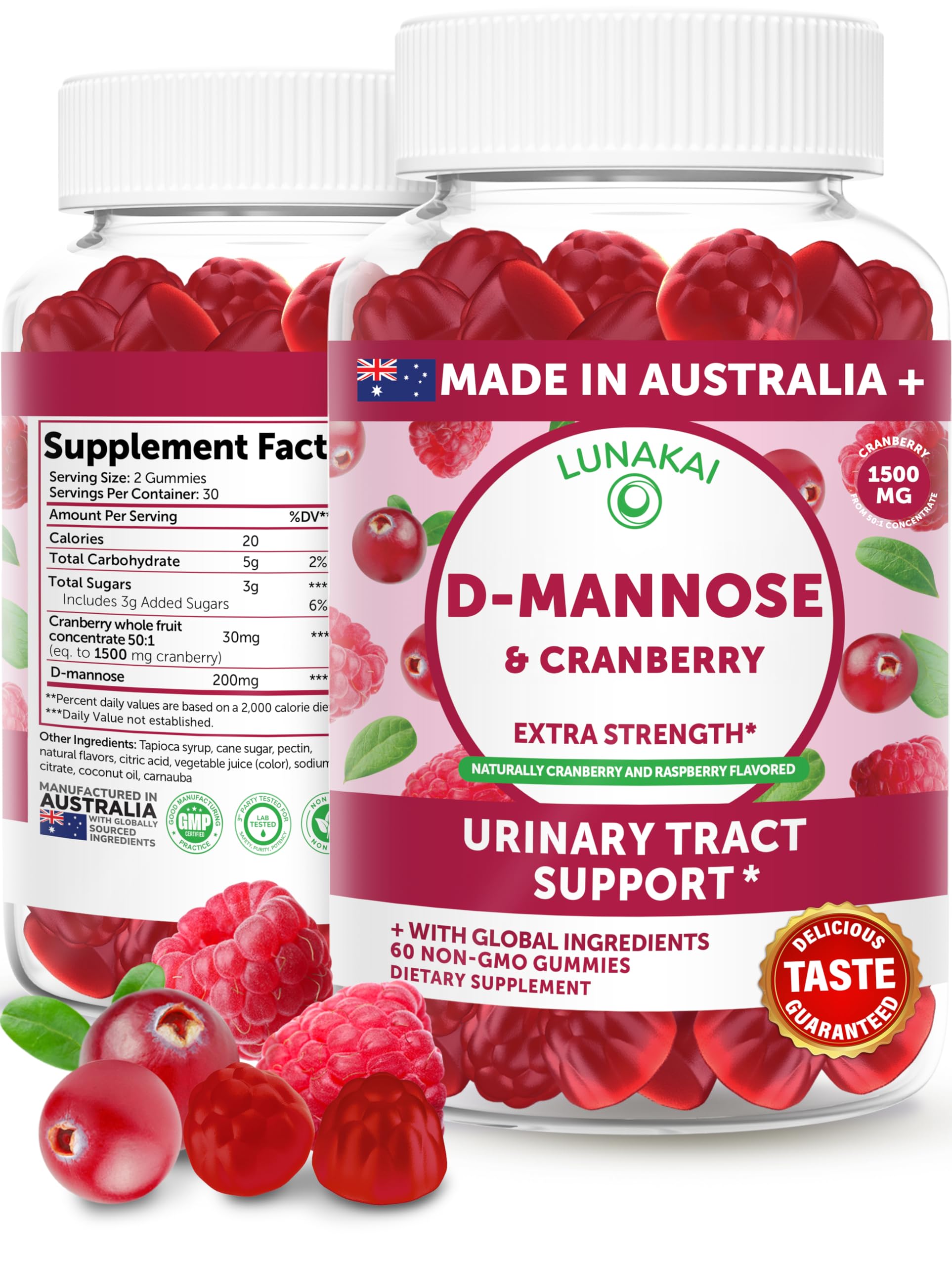 Lunakai Cranberry Gummies for Women 1500mg (50:1 Extract) with D-Mannose 200mg, Urinary Tract Health & Bladder Support, Non-GMO, Made in Australia, 60 Count