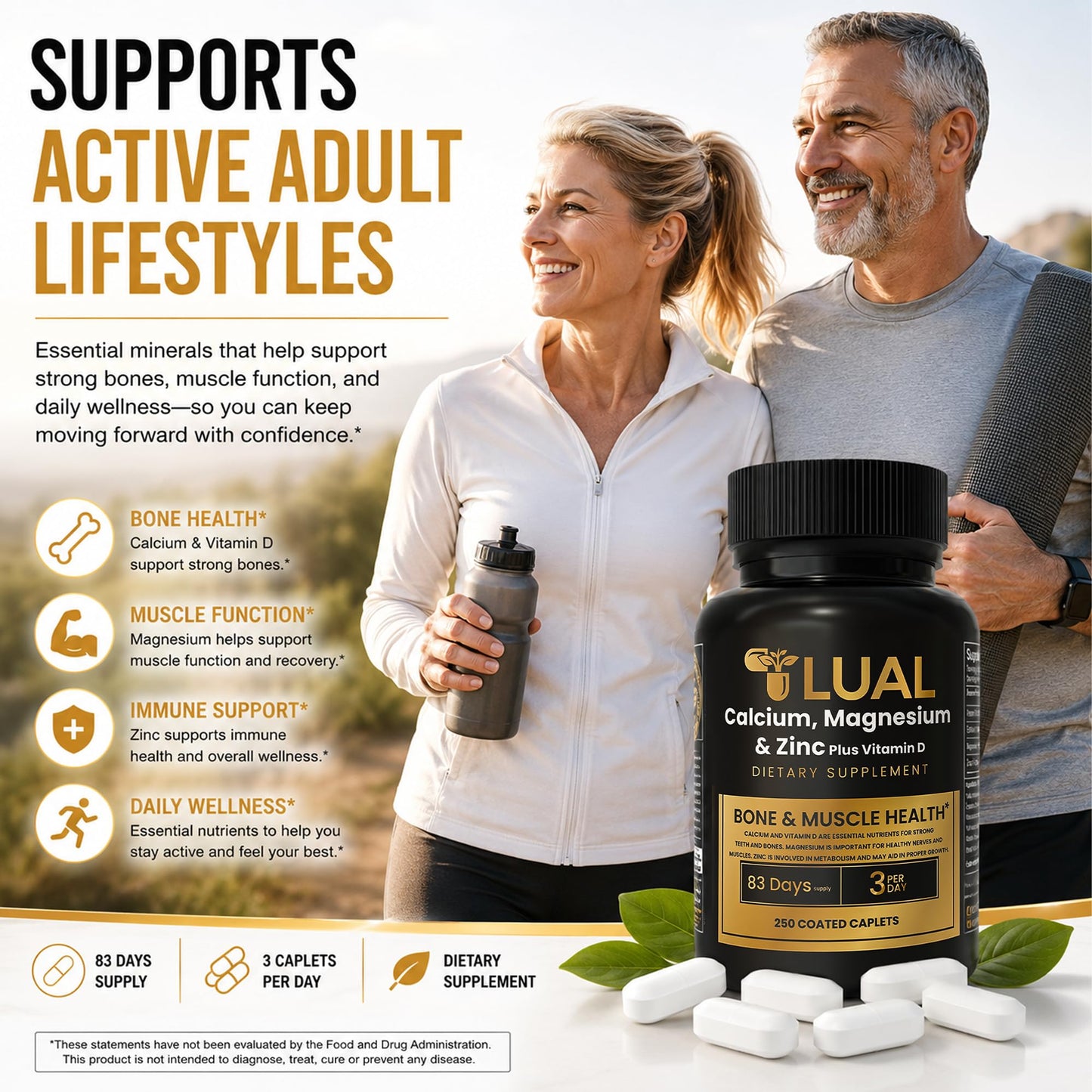 LUAL Calcium Magnesium Zinc with Vitamin D3 Caplets 250 Count