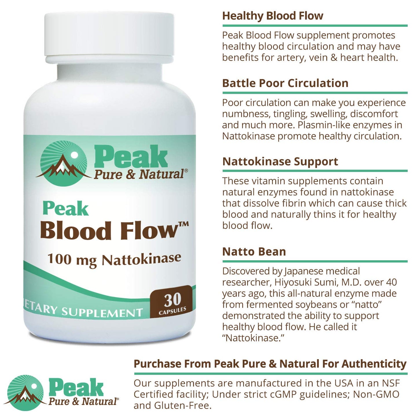 Peak Pure & Natural Peak Blood Flow Nattokinase Supplement 100mg, Capsules, 30 Count