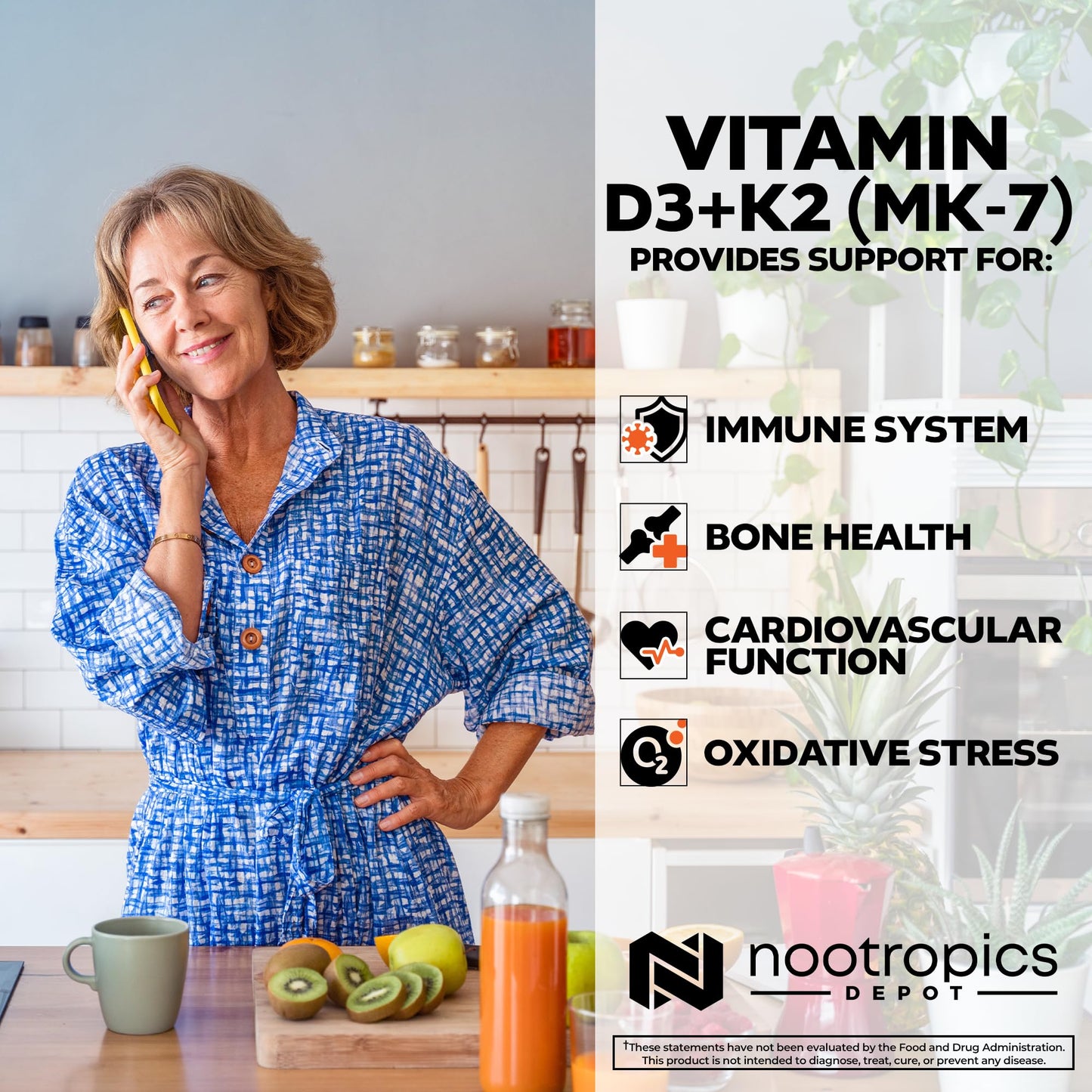 Nootropics Depot Vitamin D3 + K2 with Vitamin C Tablets 365 Tablets