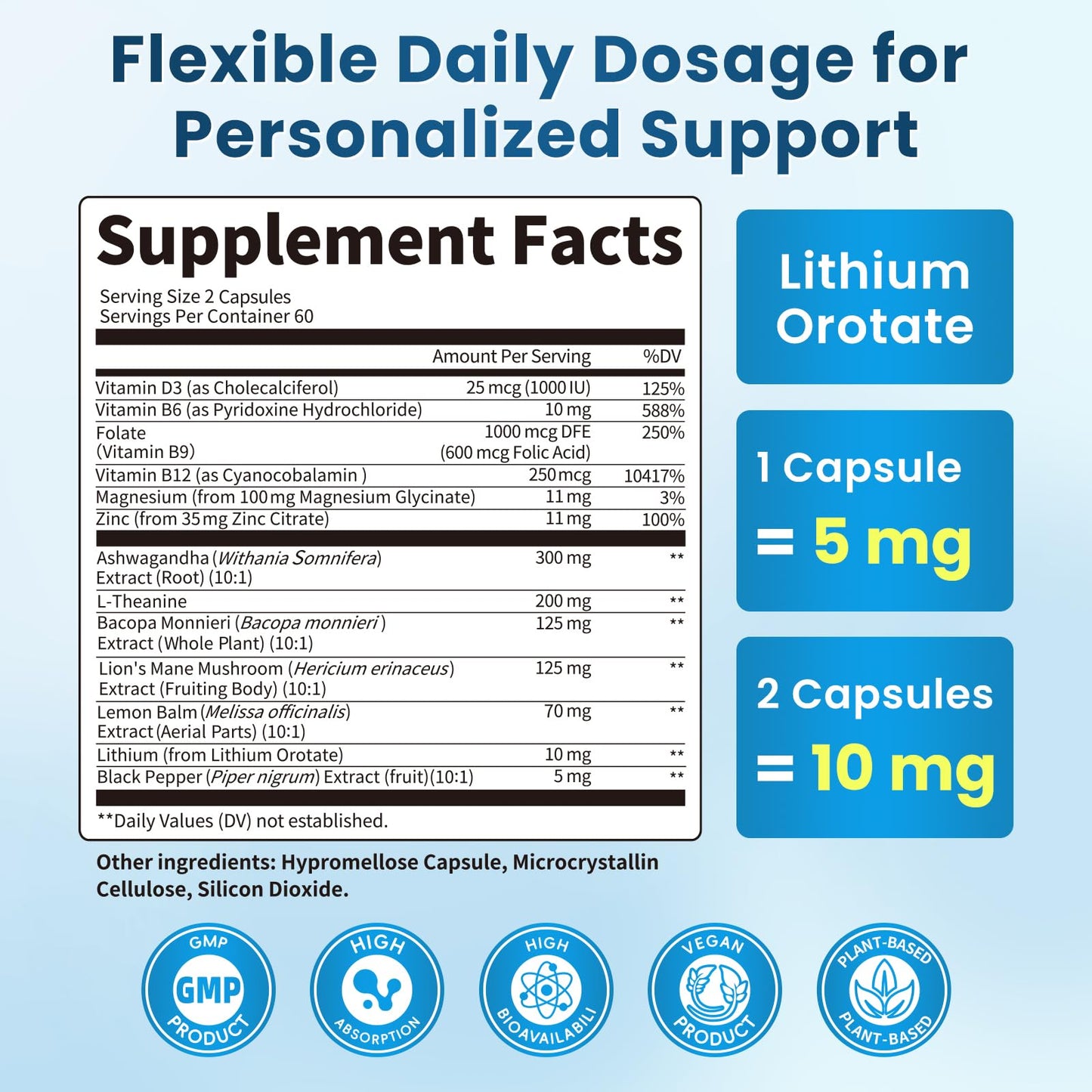 Lukaree Lithium Orotate 5/10mg Mood & Brain Supplement Capsules, 240 Capsules