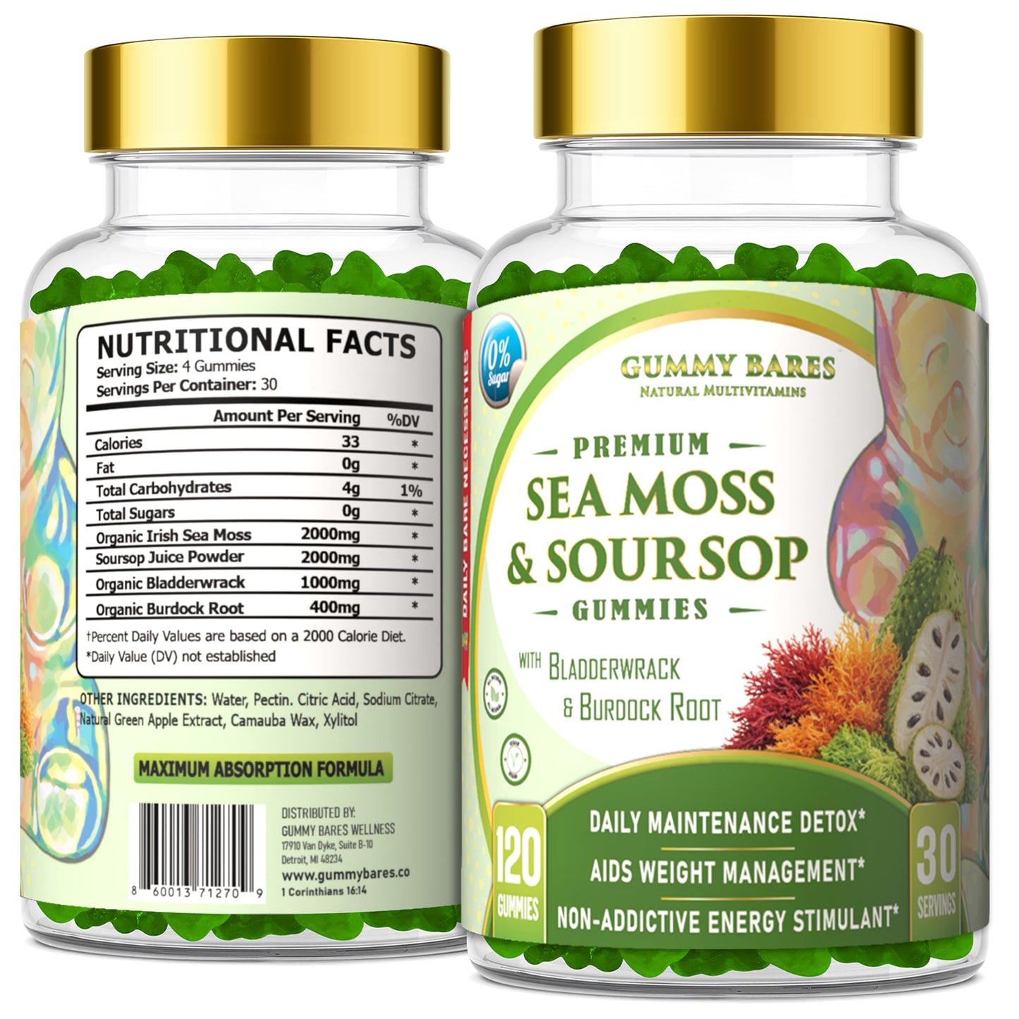 Gummy Bares Natural Multivitamins Sea Moss & Soursop Gummies 120 Count