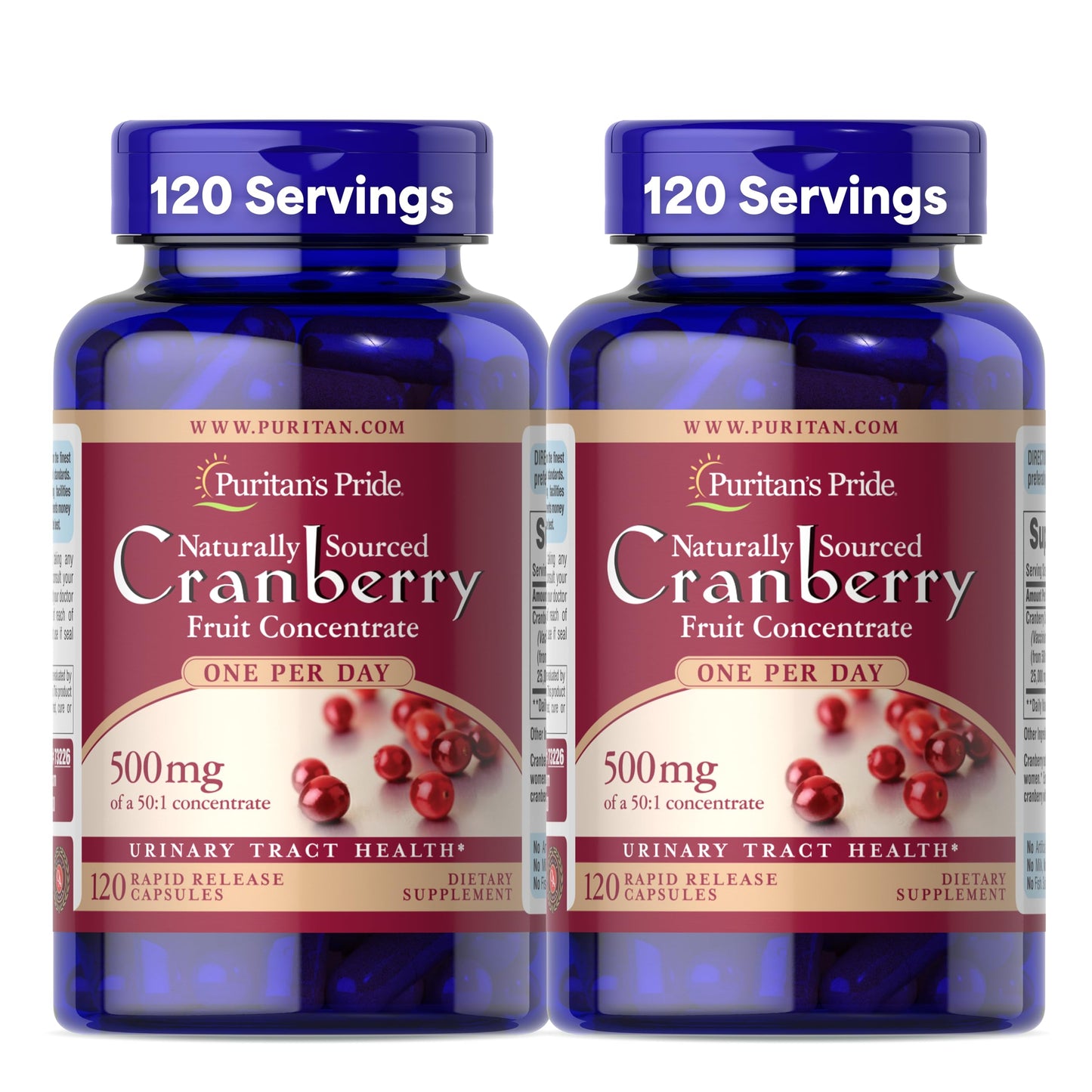 Puritan's Pride Naturally Sourced Cranberry One Per Day Fruit Concentrate 500mg, 50:1 Dietary Supplement for Urinary Tract Support Caplets 240 Count