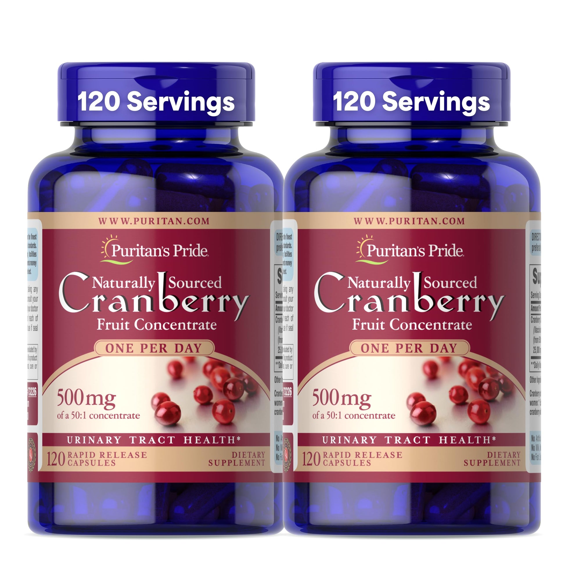 Puritan's Pride Naturally Sourced Cranberry One Per Day Fruit Concentrate 500mg, 50:1 Dietary Supplement for Urinary Tract Support Caplets 240 Count