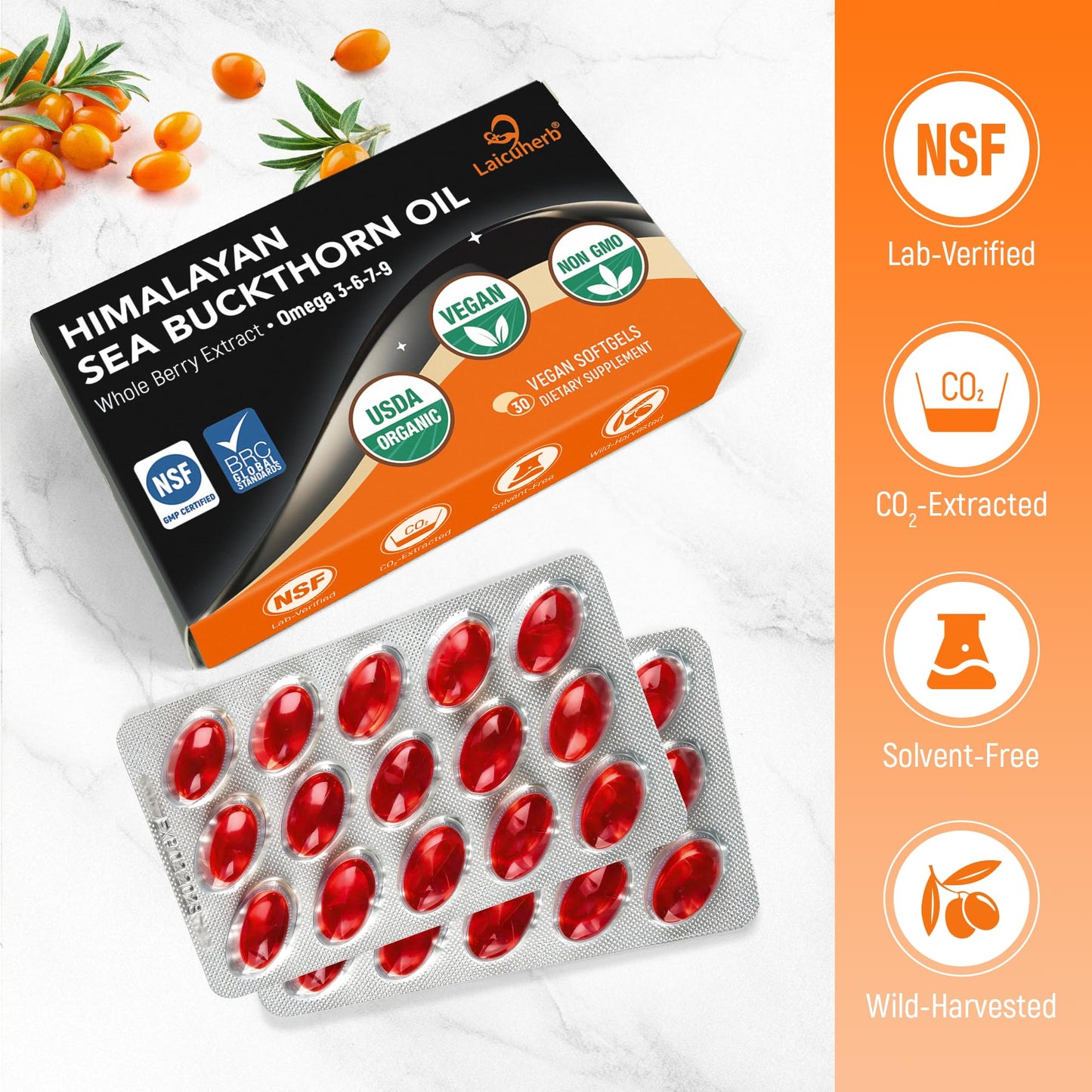 Laicuherb Sea Buckthorn Oil Capsules for Skin, Immune & Hair, 1000mg per Serving, Omega 7-3-6-9, 30 Capsules