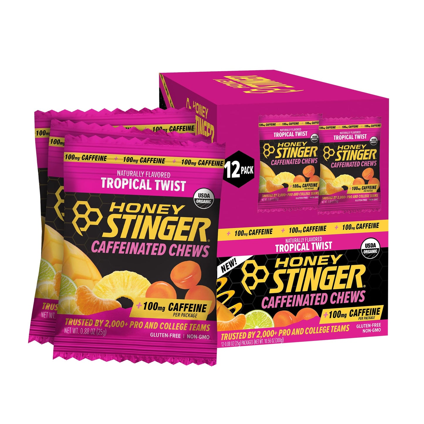 Honey Stinger Organic Tropical Twist Caffeinated Energy Chews Chewable 12 Count