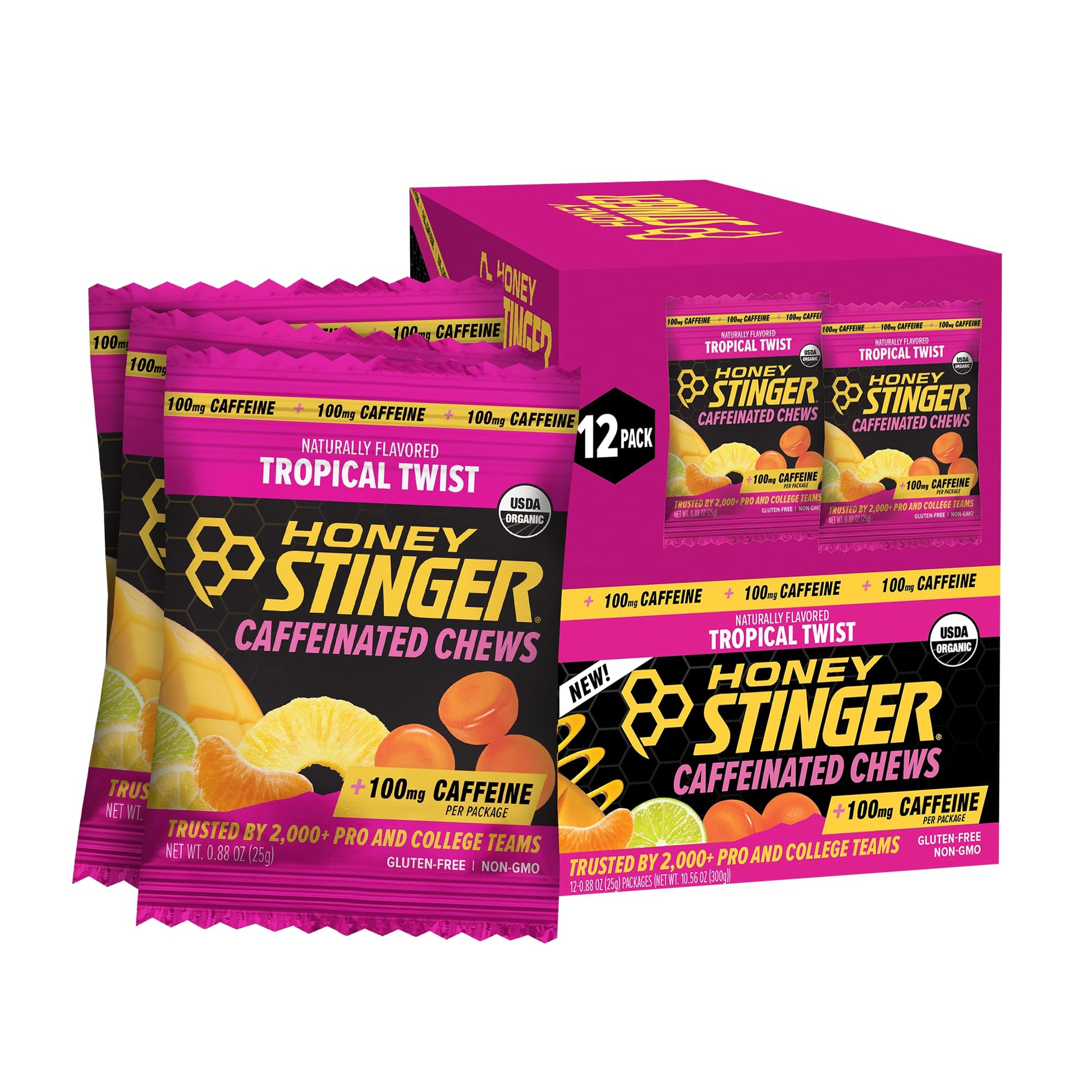 Honey Stinger Organic Tropical Twist Caffeinated Energy Chews Chewable 12 Count